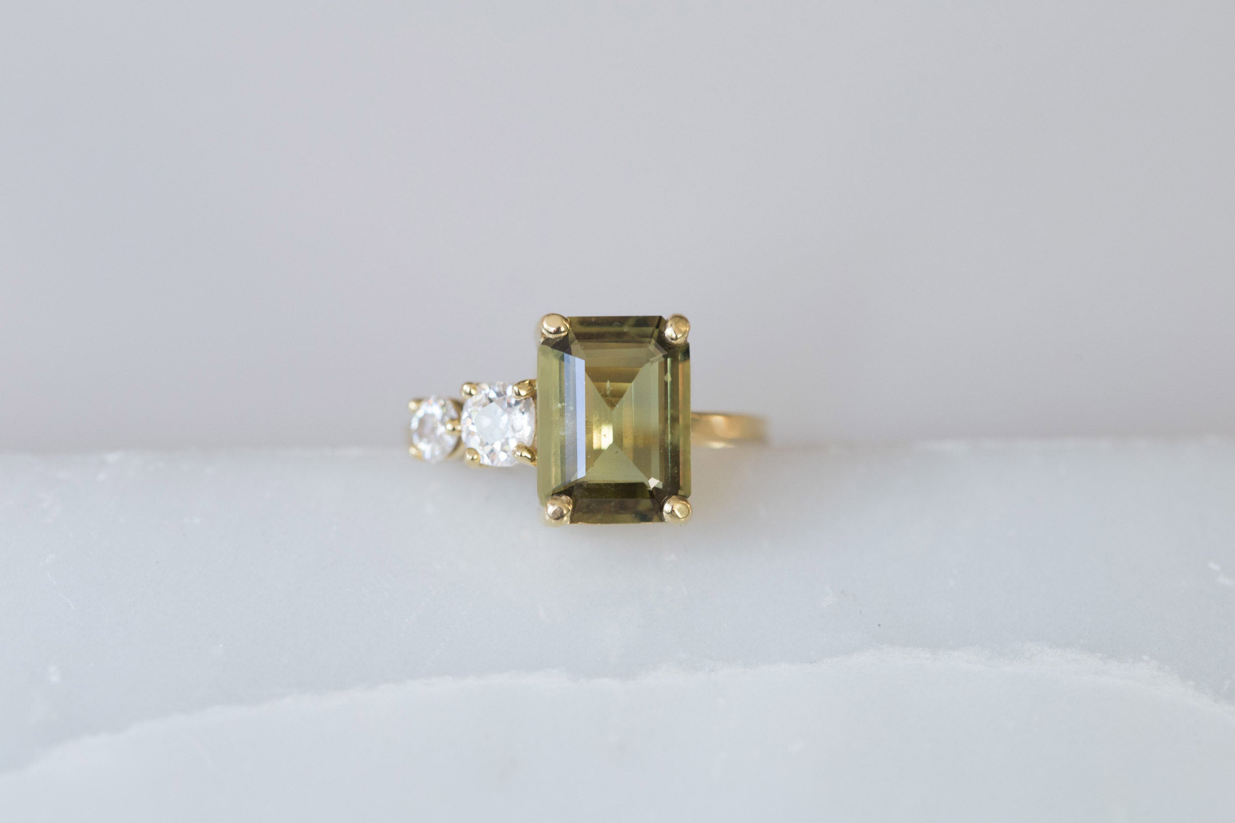 Fern Ring | Olive Emerald Cut Sapphire + Antique Diamonds Engagement Ring | 18k Recycled Gold | One of a Kind