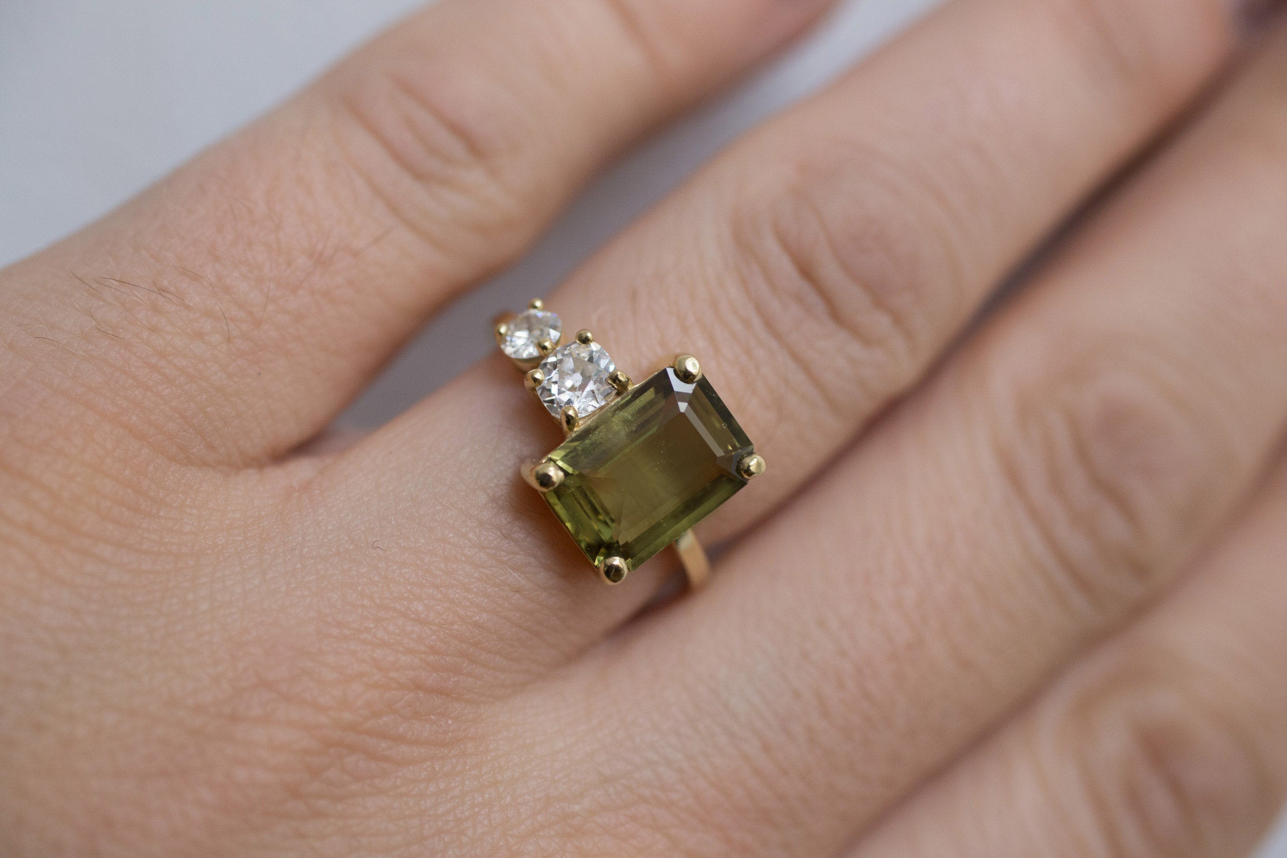 Fern Ring | Olive Emerald Cut Sapphire + Antique Diamonds Engagement Ring | 18k Recycled Gold | One of a Kind
