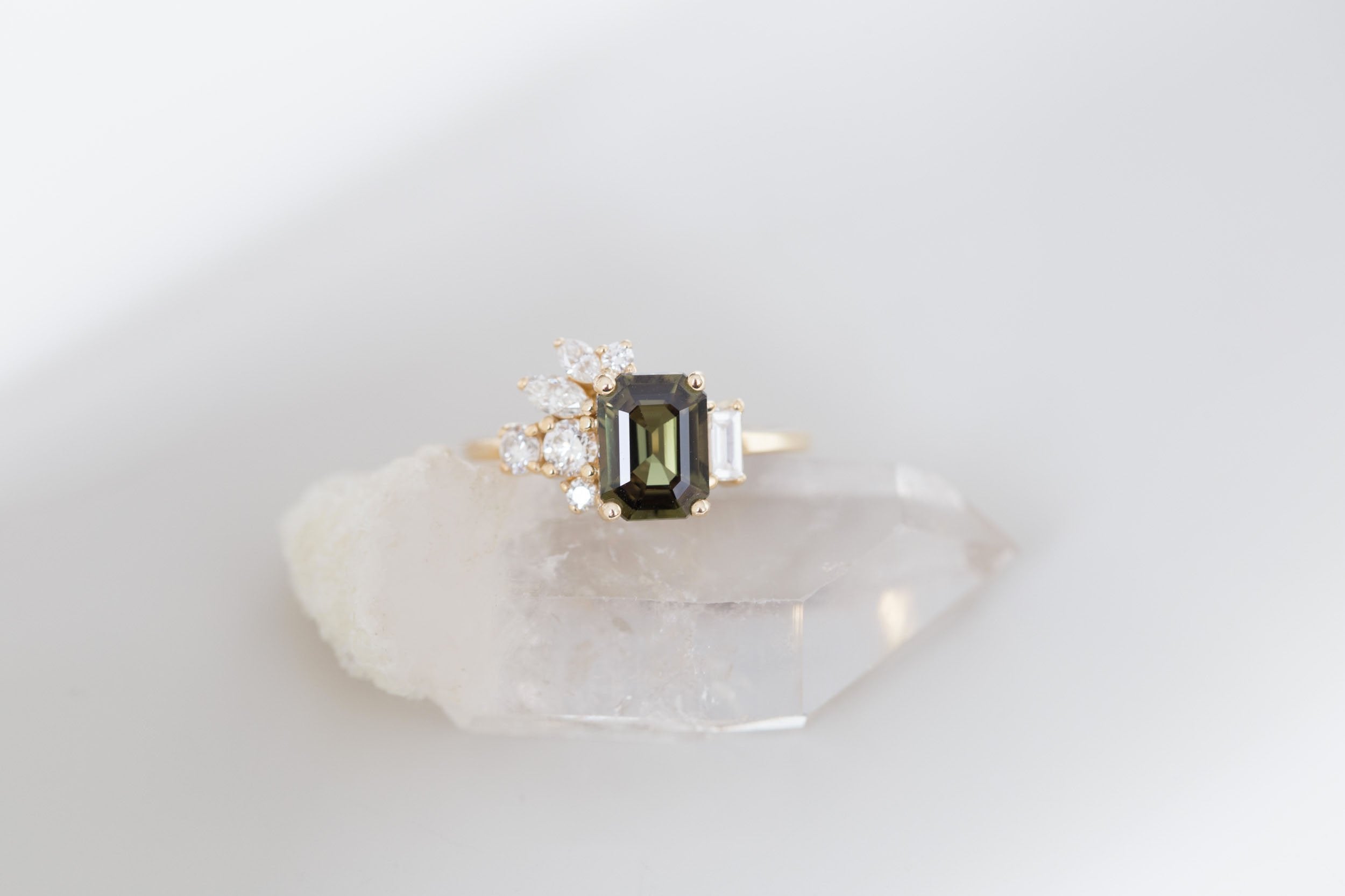 Iona Ring | Olive Emerald Sapphire + Diamond Cluster Engagement Ring 1.87 ct | 14k Recycled Gold | One of a Kind