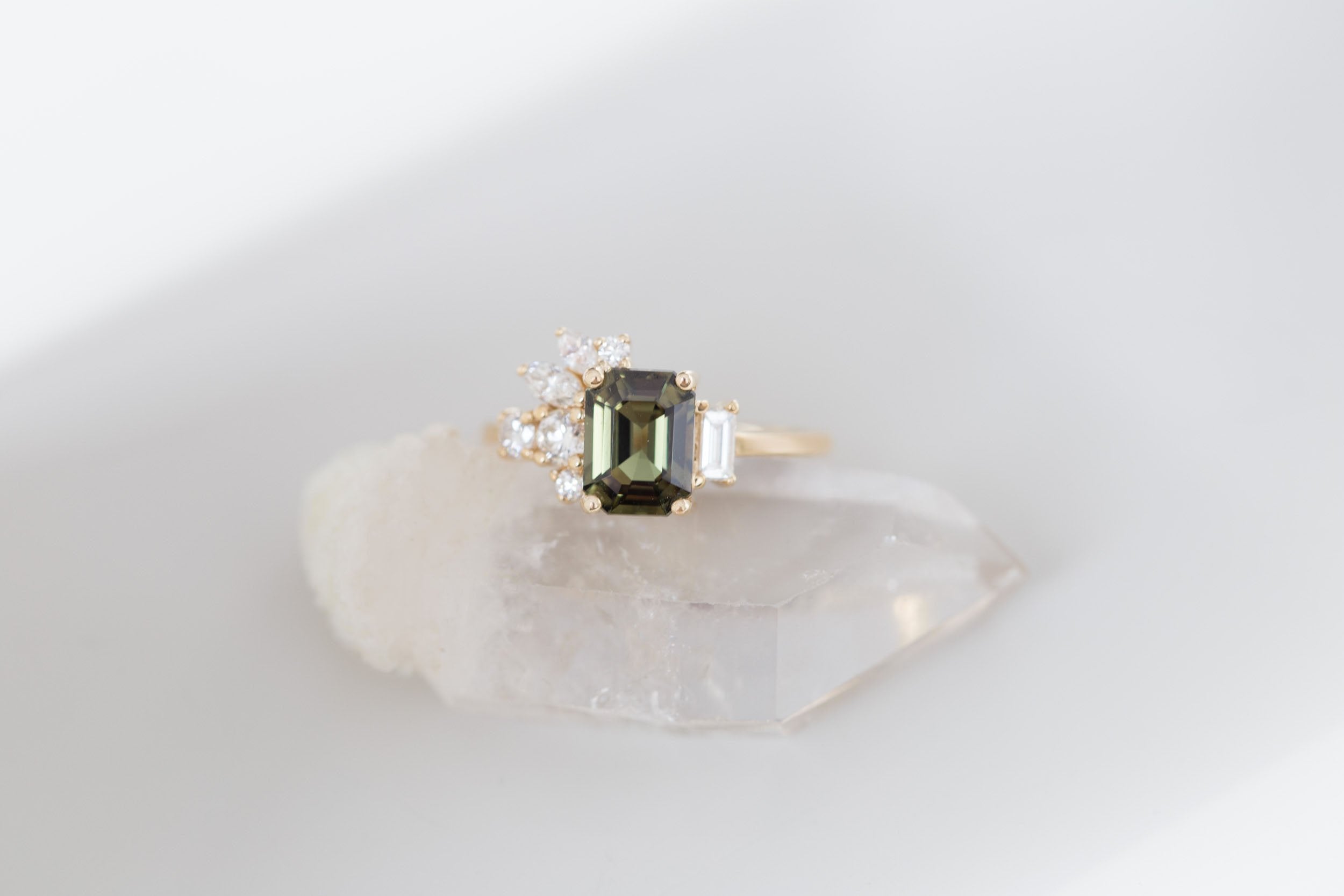 Iona Ring | Olive Emerald Sapphire + Diamond Cluster Engagement Ring 1.87 ct | 14k Recycled Gold | One of a Kind