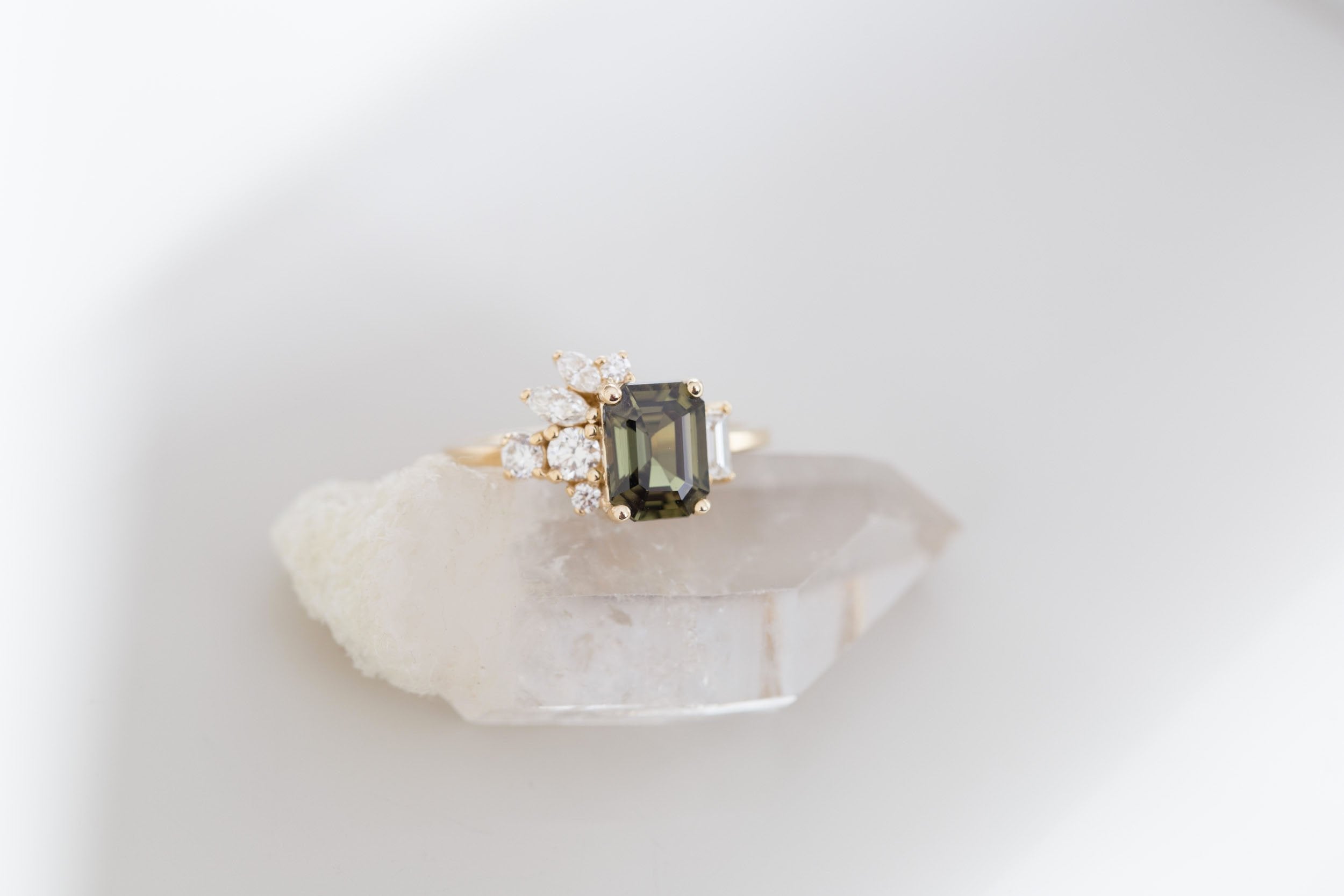 Iona Ring | Olive Emerald Sapphire + Diamond Cluster Engagement Ring 1.87 ct | 14k Recycled Gold | One of a Kind