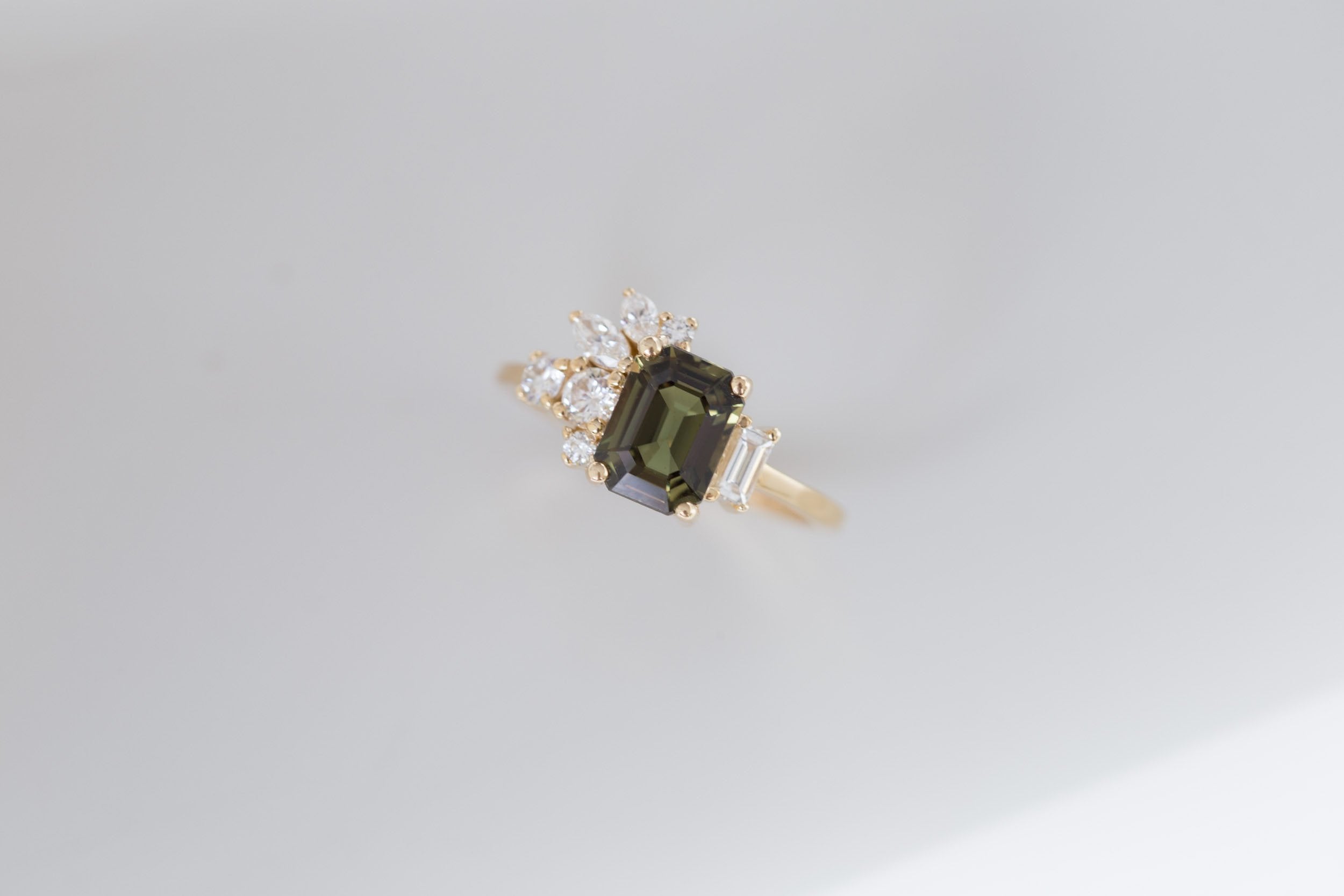Iona Ring | Olive Emerald Sapphire + Diamond Cluster Engagement Ring 1.87 ct | 14k Recycled Gold | One of a Kind