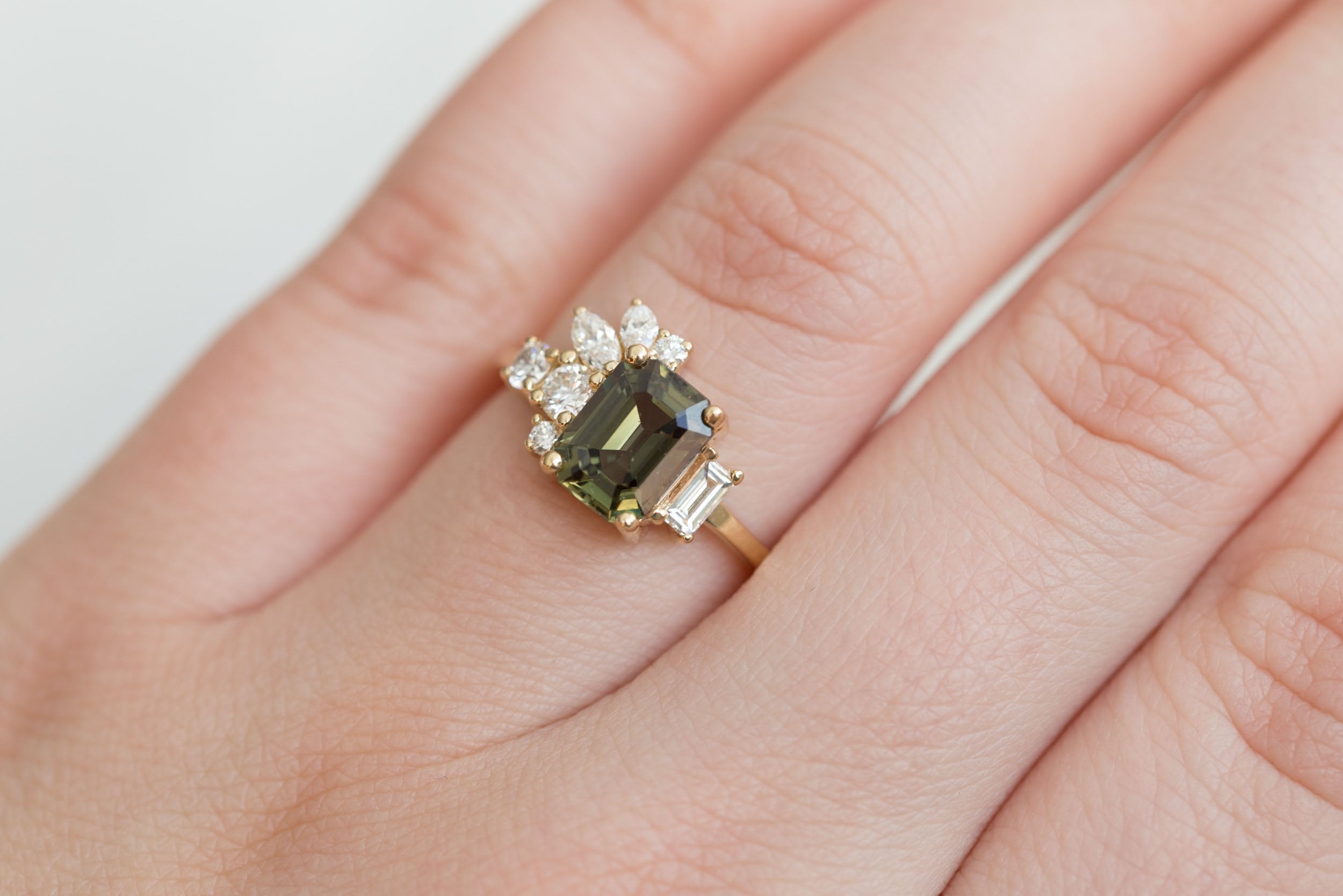 Iona Ring | Olive Emerald Sapphire + Diamond Cluster Engagement Ring 1.87 ct | 14k Recycled Gold | One of a Kind