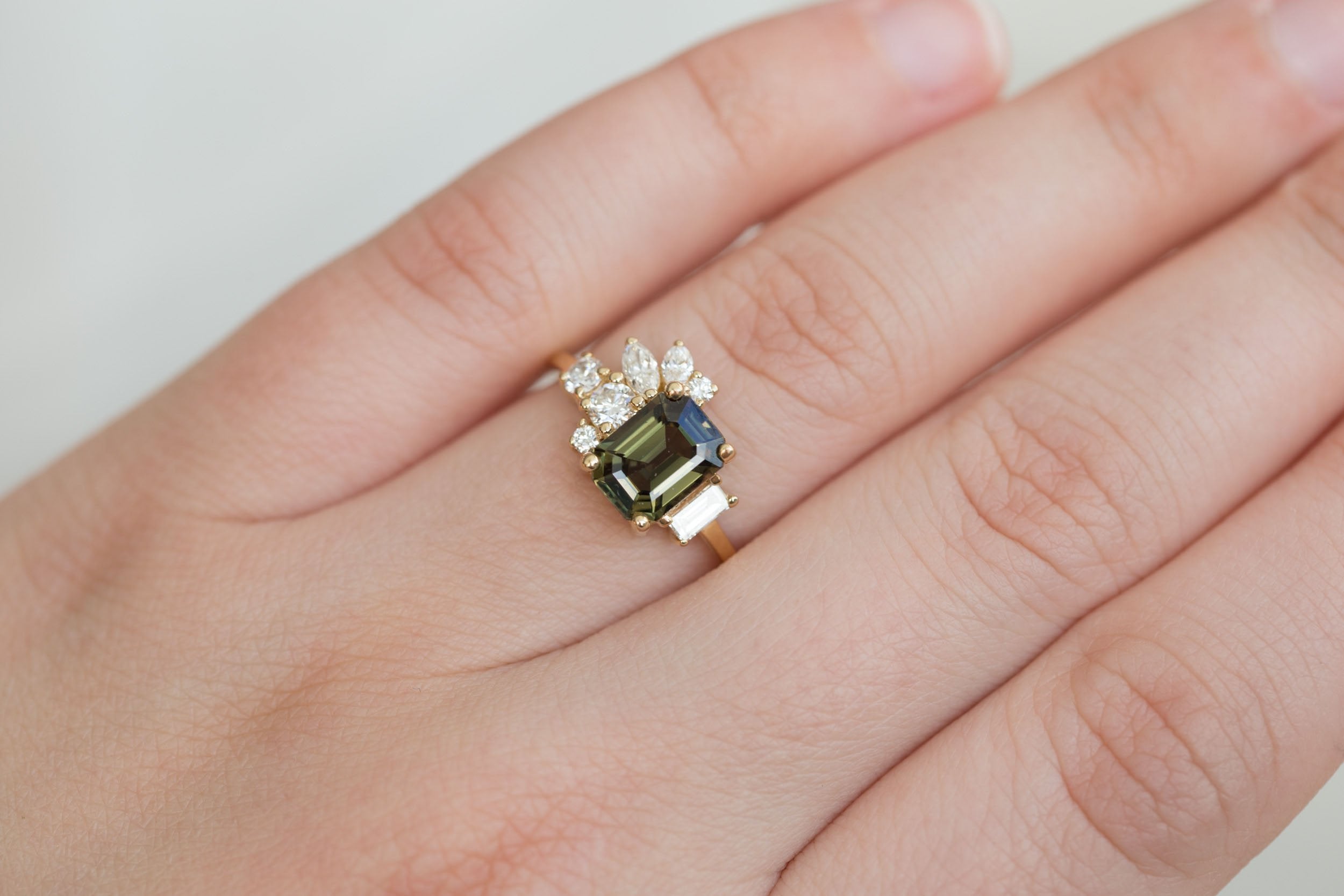 Iona Ring | Olive Emerald Sapphire + Diamond Cluster Engagement Ring 1.87 ct | 14k Recycled Gold | One of a Kind