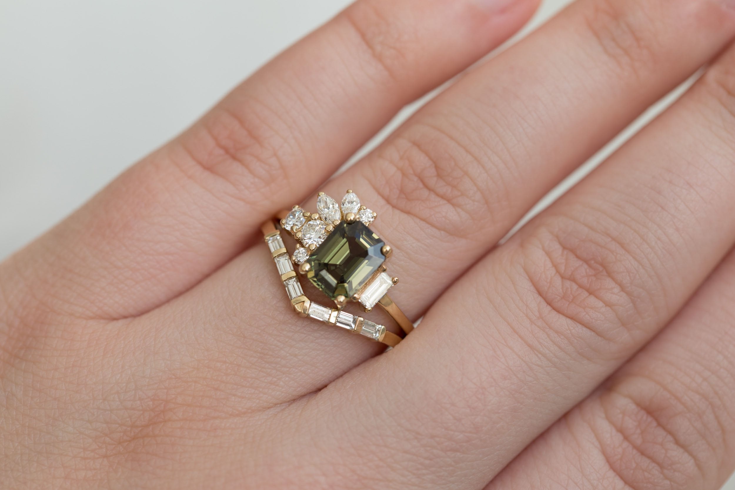 Iona Ring | Olive Emerald Sapphire + Diamond Cluster Engagement Ring 1.87 ct | 14k Recycled Gold | One of a Kind