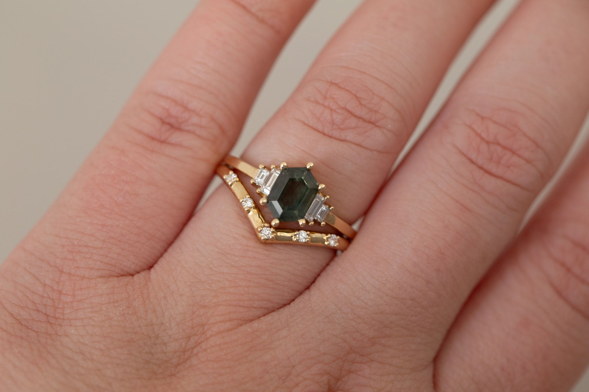 Ash Ring | Olive Montana Hexagonal Sapphire + Diamond Baguette Engagement Ring 1.28 ct | 14k Recycled Gold | One of a Kind