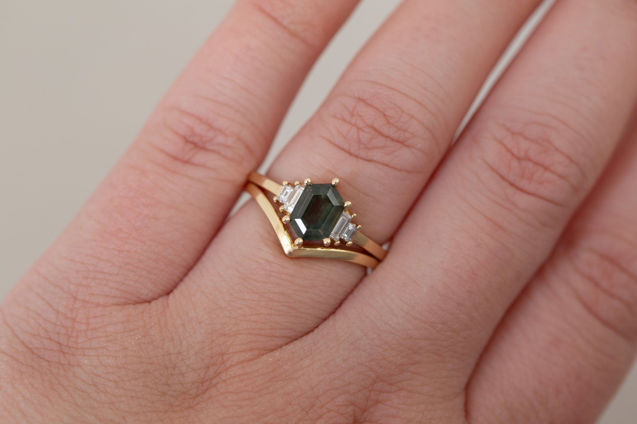 Ash Ring | Olive Montana Hexagonal Sapphire + Diamond Baguette Engagement Ring 1.28 ct | 14k Recycled Gold | One of a Kind