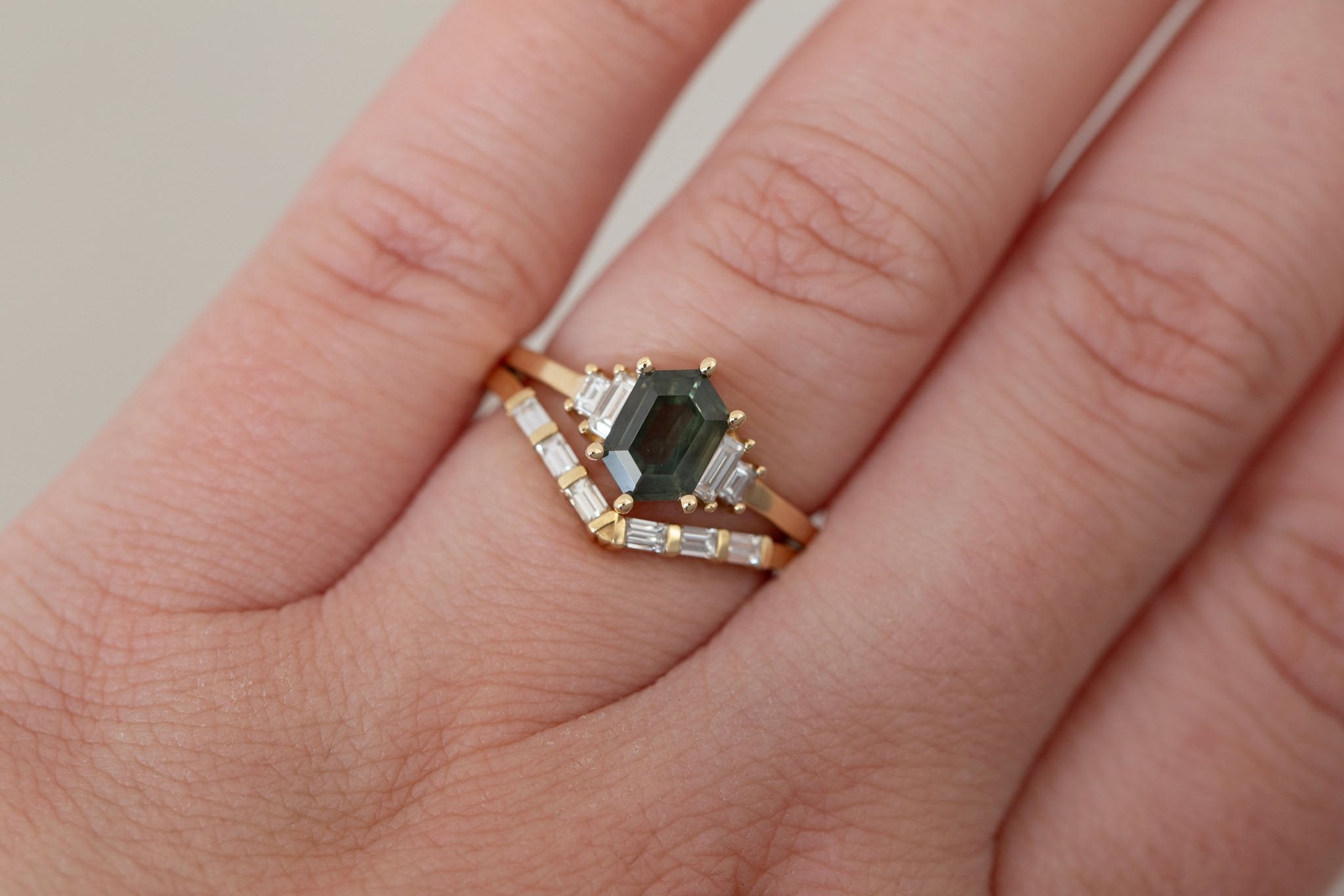 Ash Ring | Olive Montana Hexagonal Sapphire + Diamond Baguette Engagement Ring 1.28 ct | 14k Recycled Gold | One of a Kind