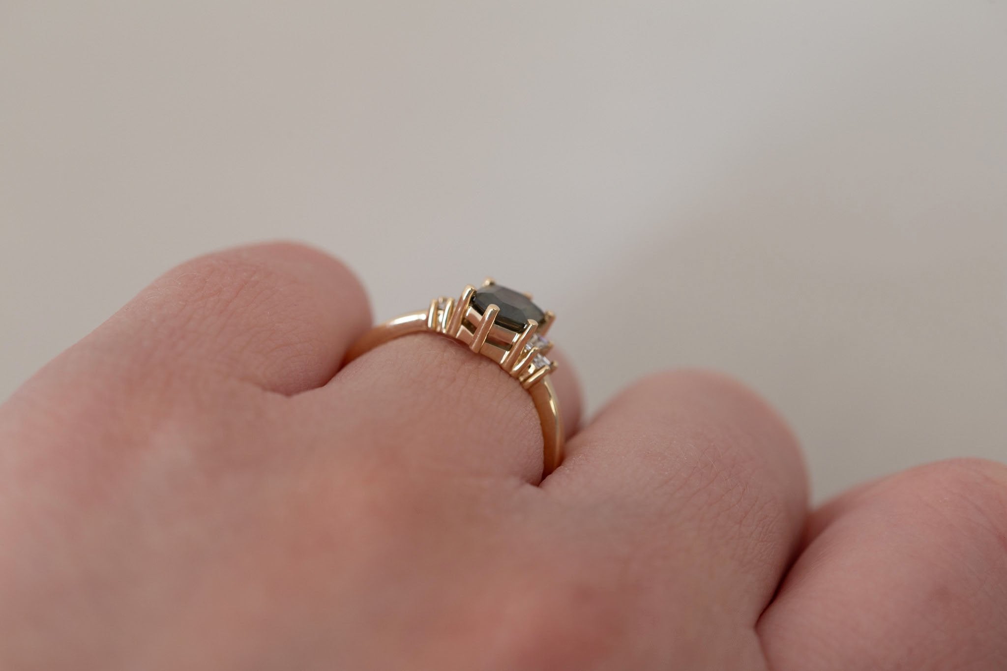 Ash Ring | Olive Montana Hexagonal Sapphire + Diamond Baguette Engagement Ring 1.28 ct | 14k Recycled Gold | One of a Kind