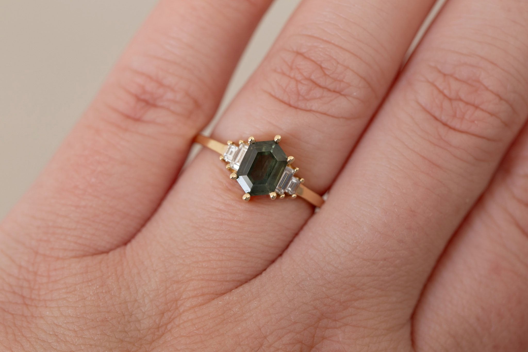 Ash Ring | Olive Montana Hexagonal Sapphire + Diamond Baguette Engagement Ring 1.28 ct | 14k Recycled Gold | One of a Kind