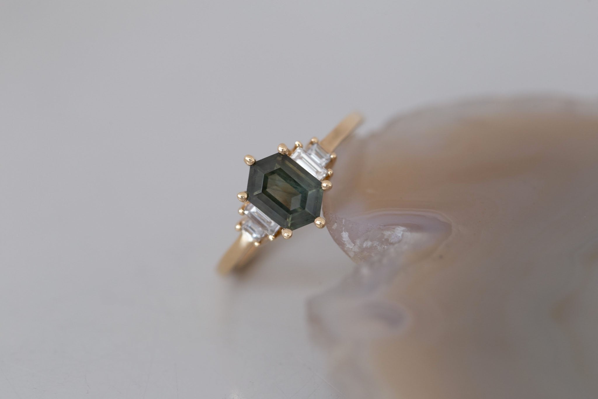 Ash Ring | Olive Montana Hexagonal Sapphire + Diamond Baguette Engagement Ring 1.28 ct | 14k Recycled Gold | One of a Kind