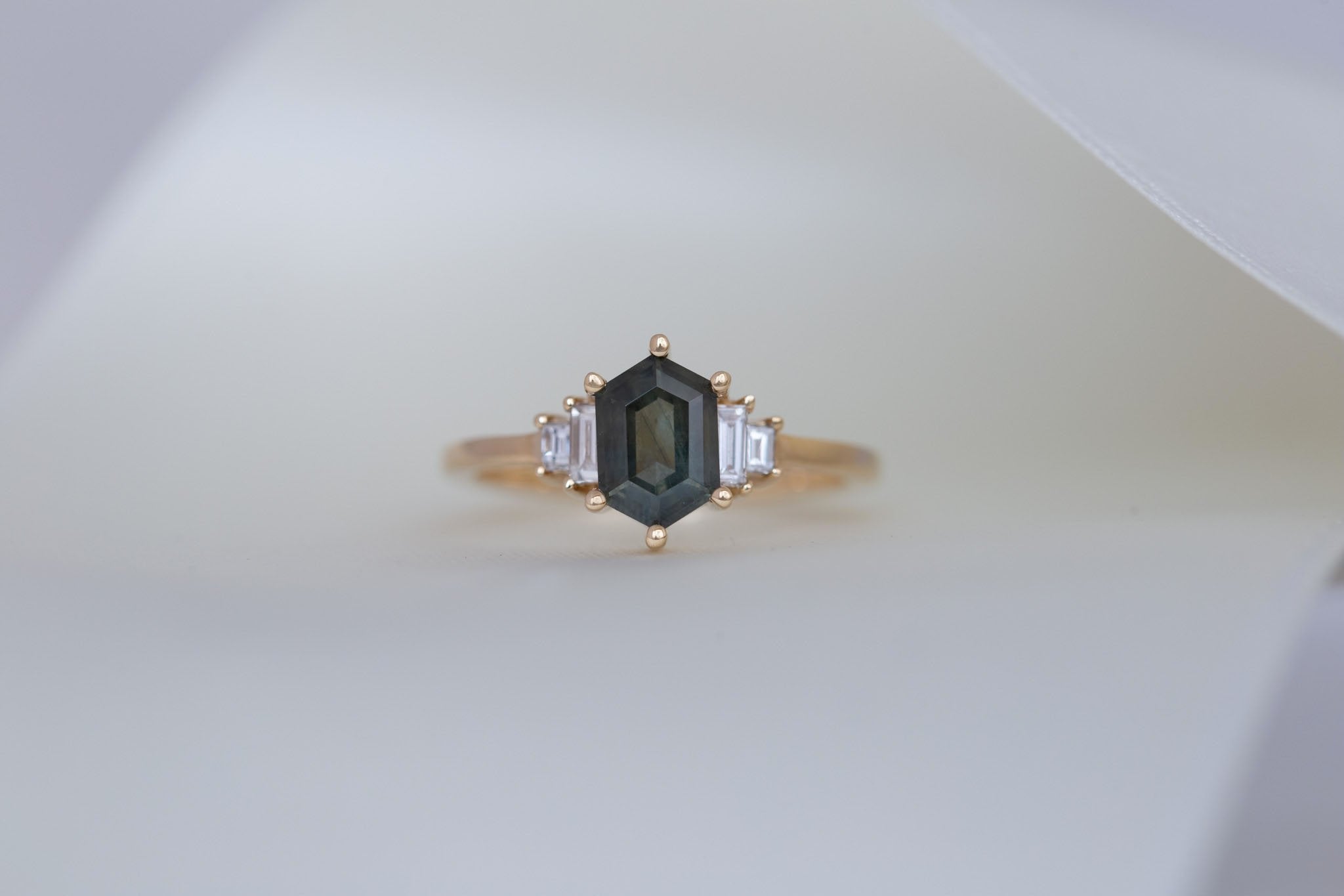 Ash Ring | Olive Montana Hexagonal Sapphire + Diamond Baguette Engagement Ring 1.28 ct | 14k Recycled Gold | One of a Kind