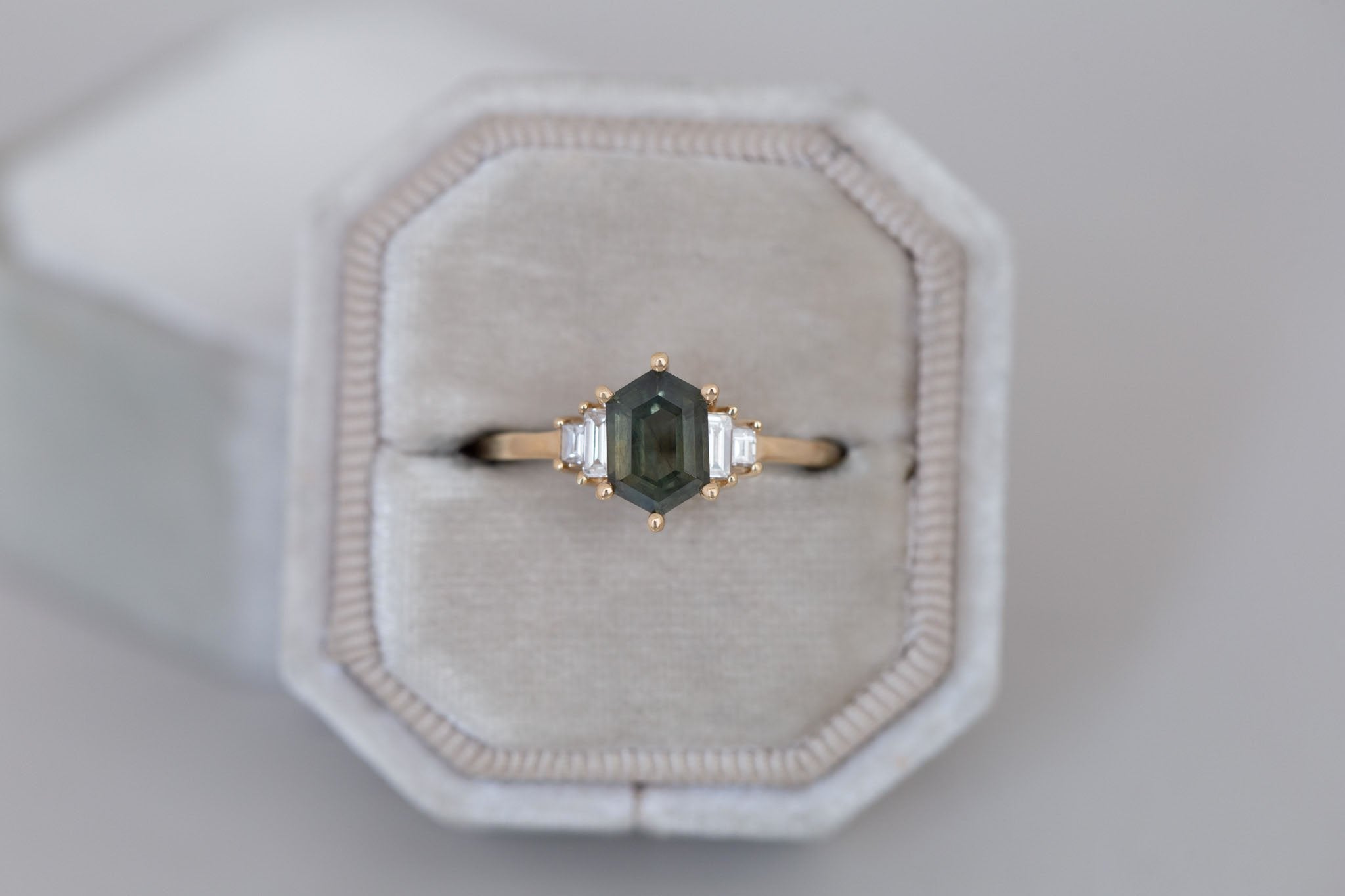 Ash Ring | Olive Montana Hexagonal Sapphire + Diamond Baguette Engagement Ring 1.28 ct | 14k Recycled Gold | One of a Kind