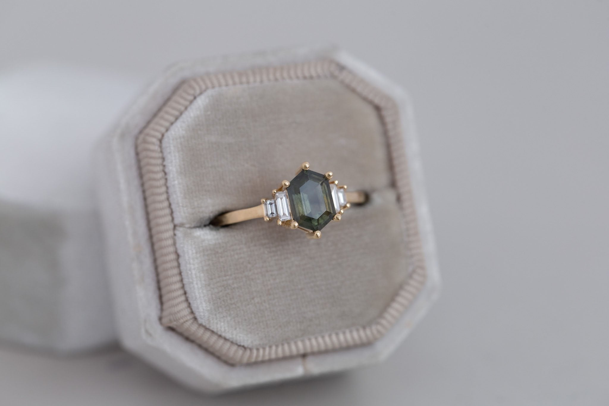 Ash Ring | Olive Montana Hexagonal Sapphire + Diamond Baguette Engagement Ring 1.28 ct | 14k Recycled Gold | One of a Kind