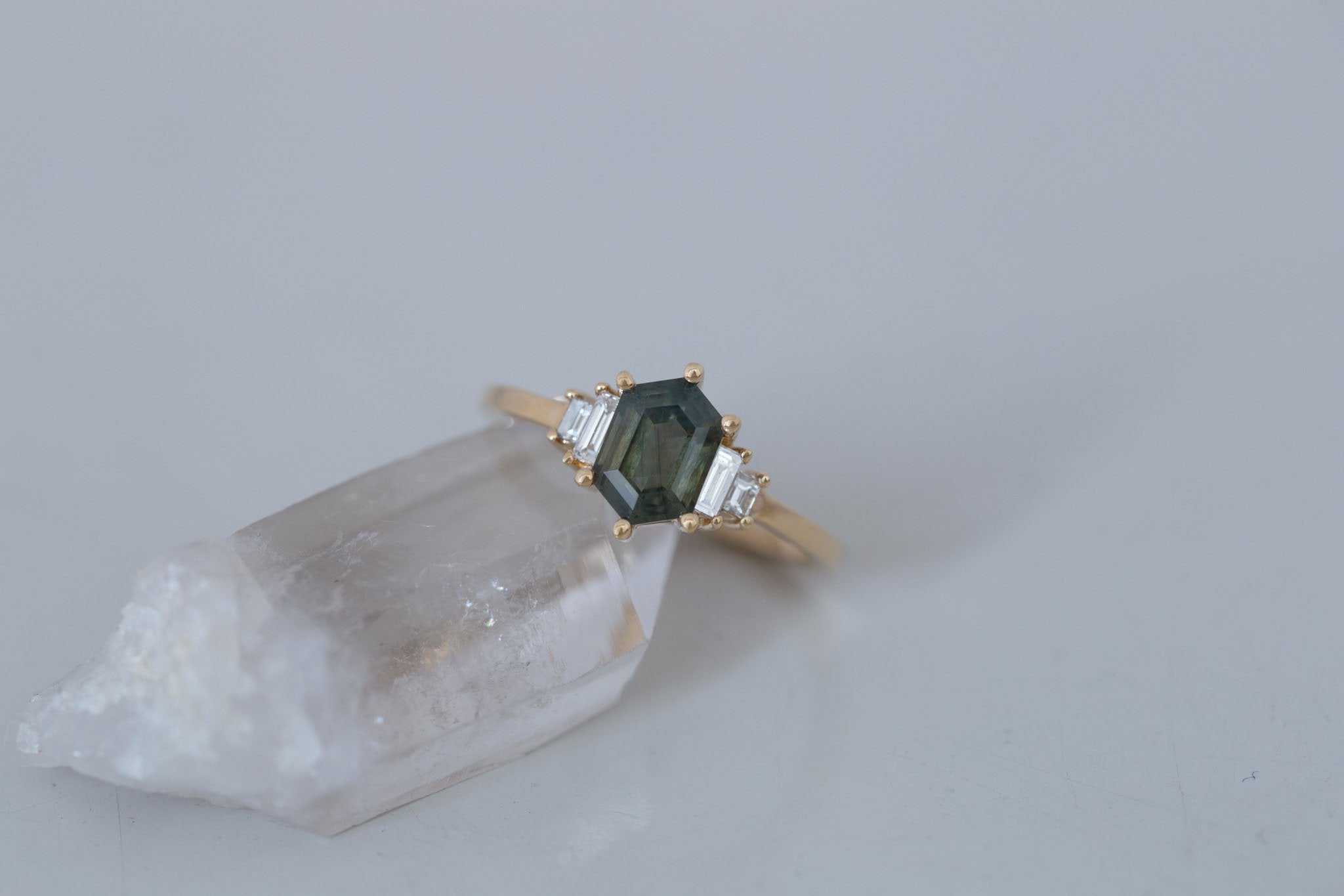 Ash Ring | Olive Montana Hexagonal Sapphire + Diamond Baguette Engagement Ring 1.28 ct | 14k Recycled Gold | One of a Kind