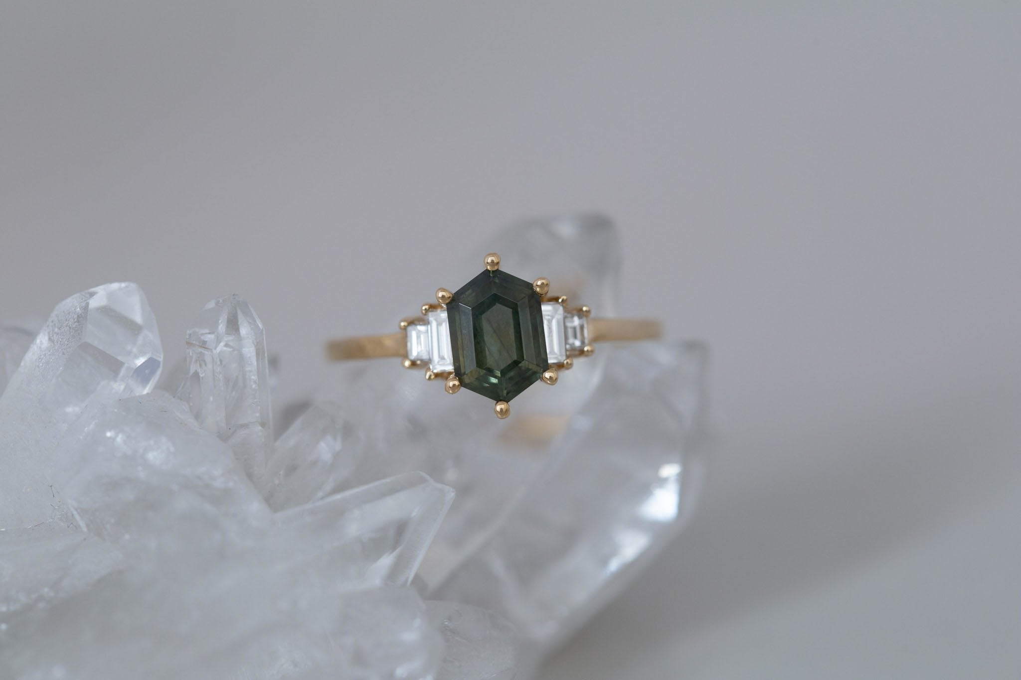 Ash Ring | Olive Montana Hexagonal Sapphire + Diamond Baguette Engagement Ring 1.28 ct | 14k Recycled Gold | One of a Kind