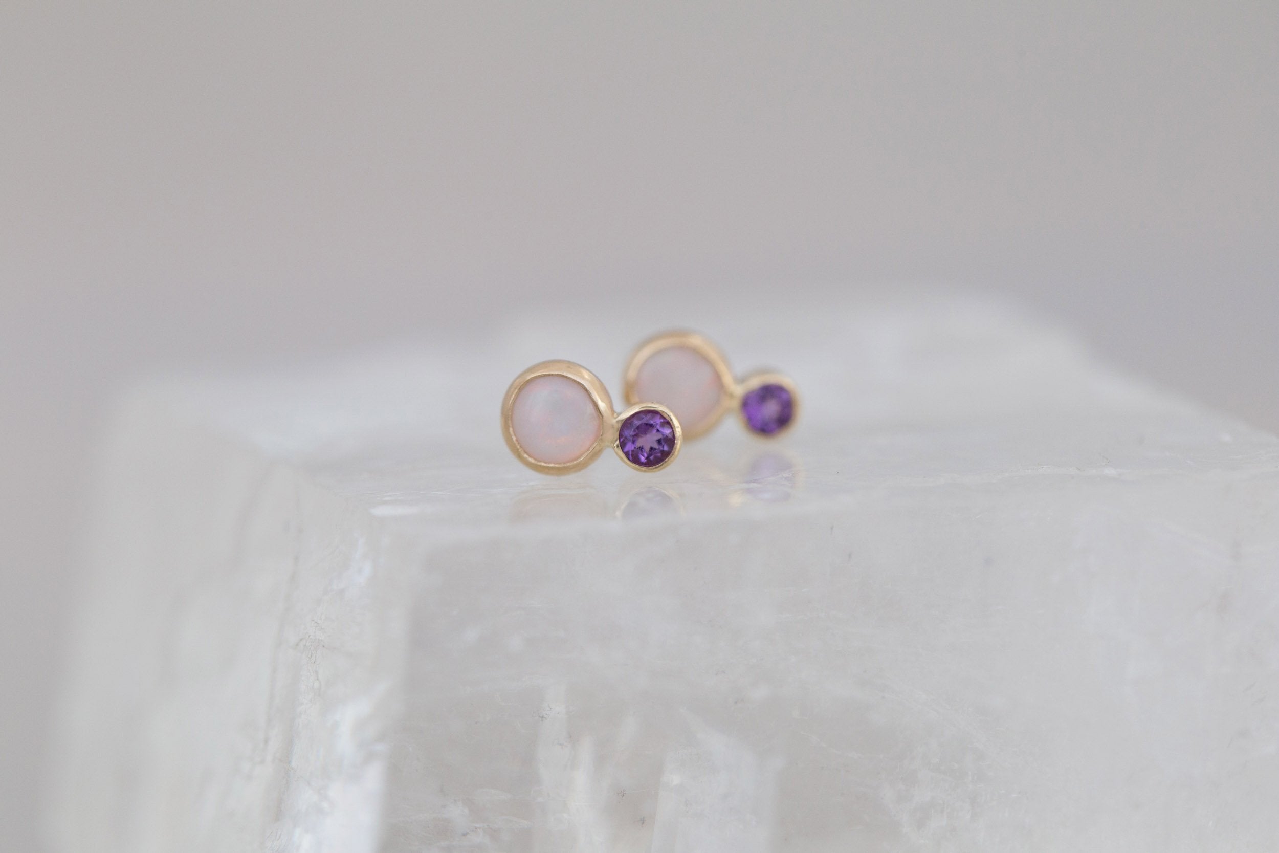 White Australian Opal + Amethyst Earrings | 14k Recycled Gold
