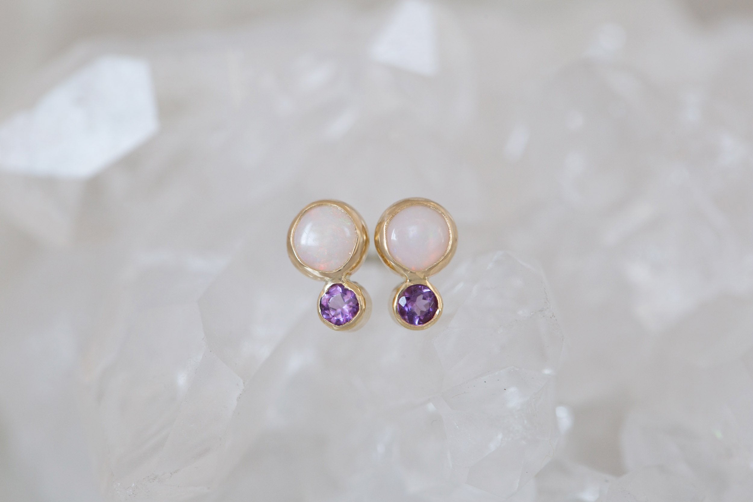 White Australian Opal + Amethyst Earrings | 14k Recycled Gold