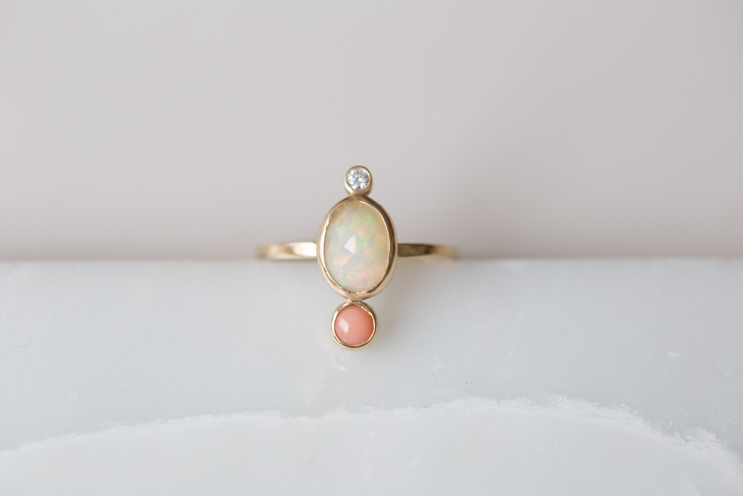 Opal + Coral + Diamond Ring | 14k Recycled Gold | One of a Kind
