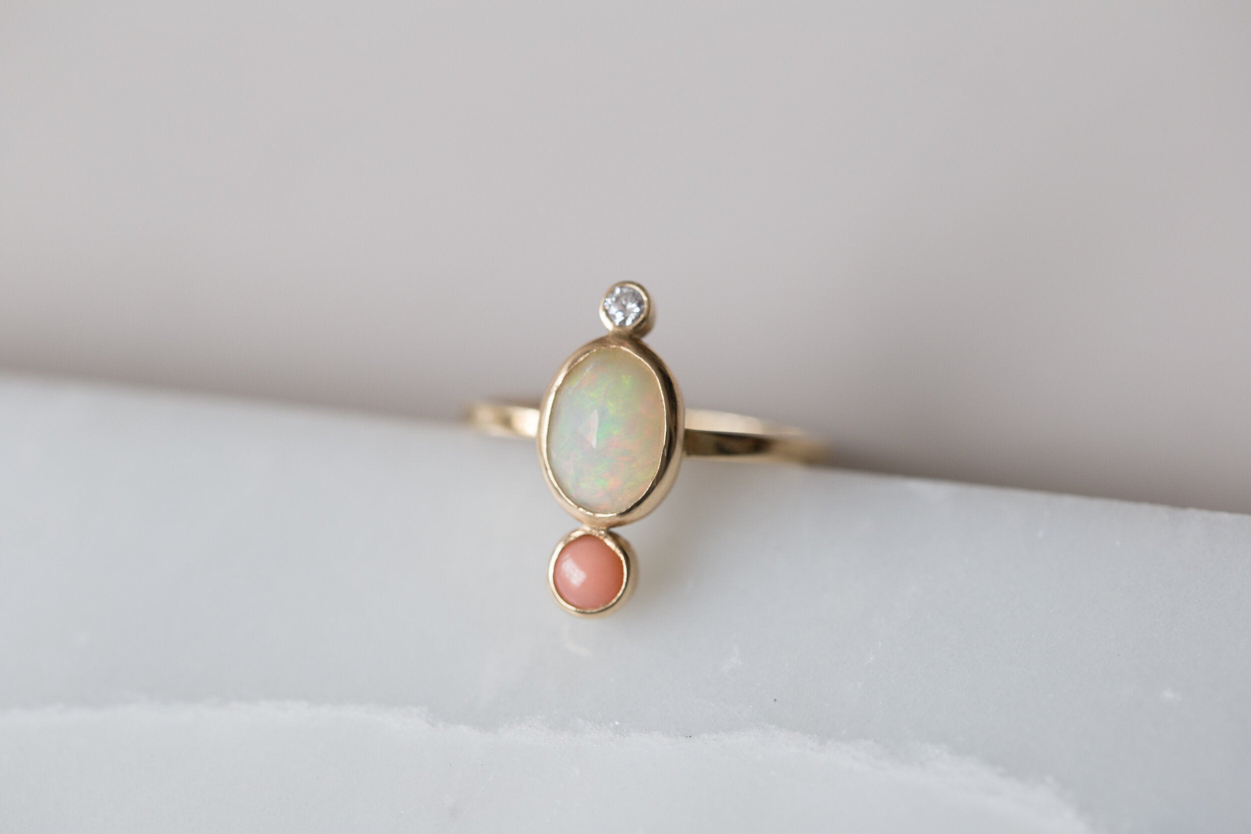Opal + Coral + Diamond Ring | 14k Recycled Gold | One of a Kind