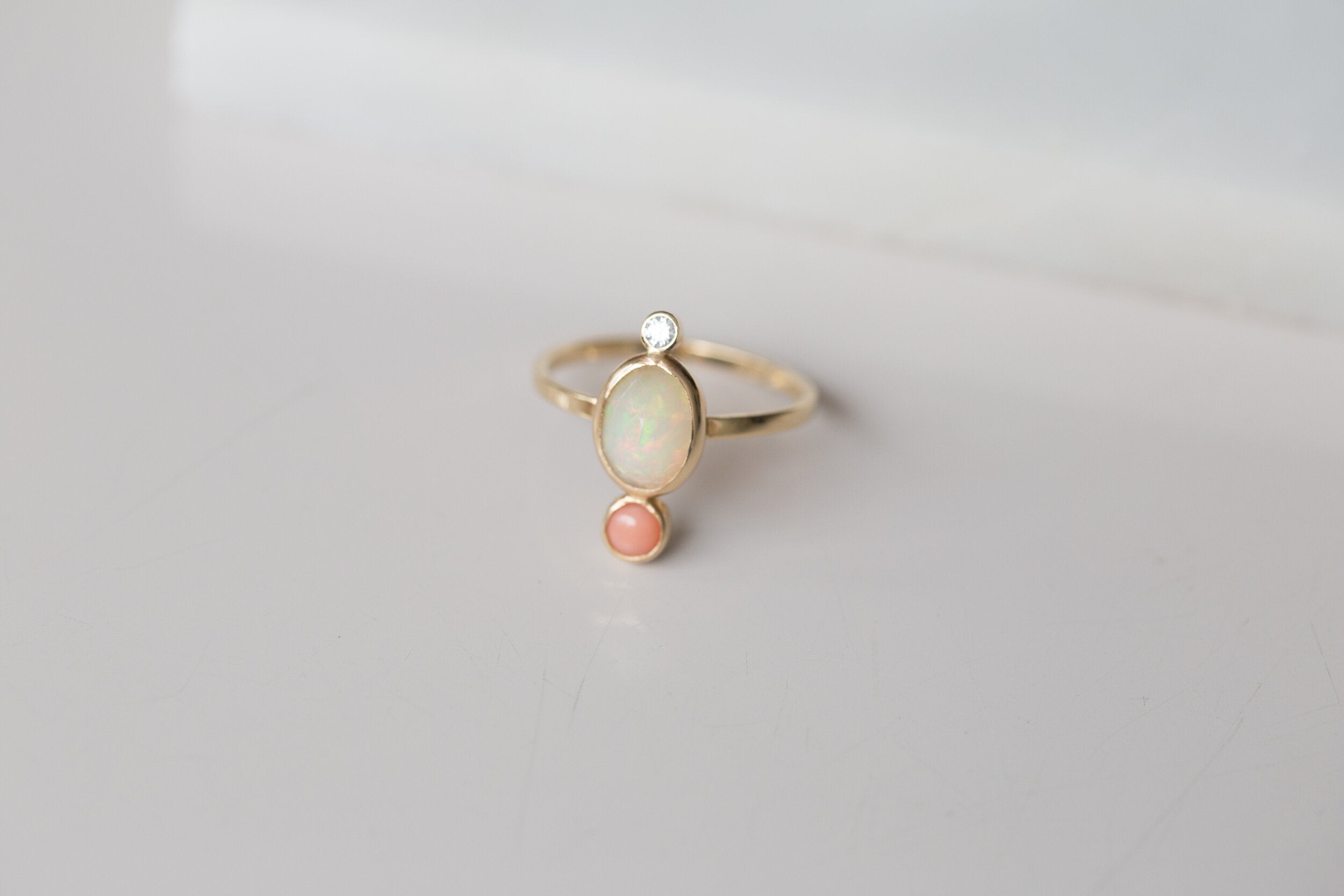 Opal + Coral + Diamond Ring | 14k Recycled Gold | One of a Kind