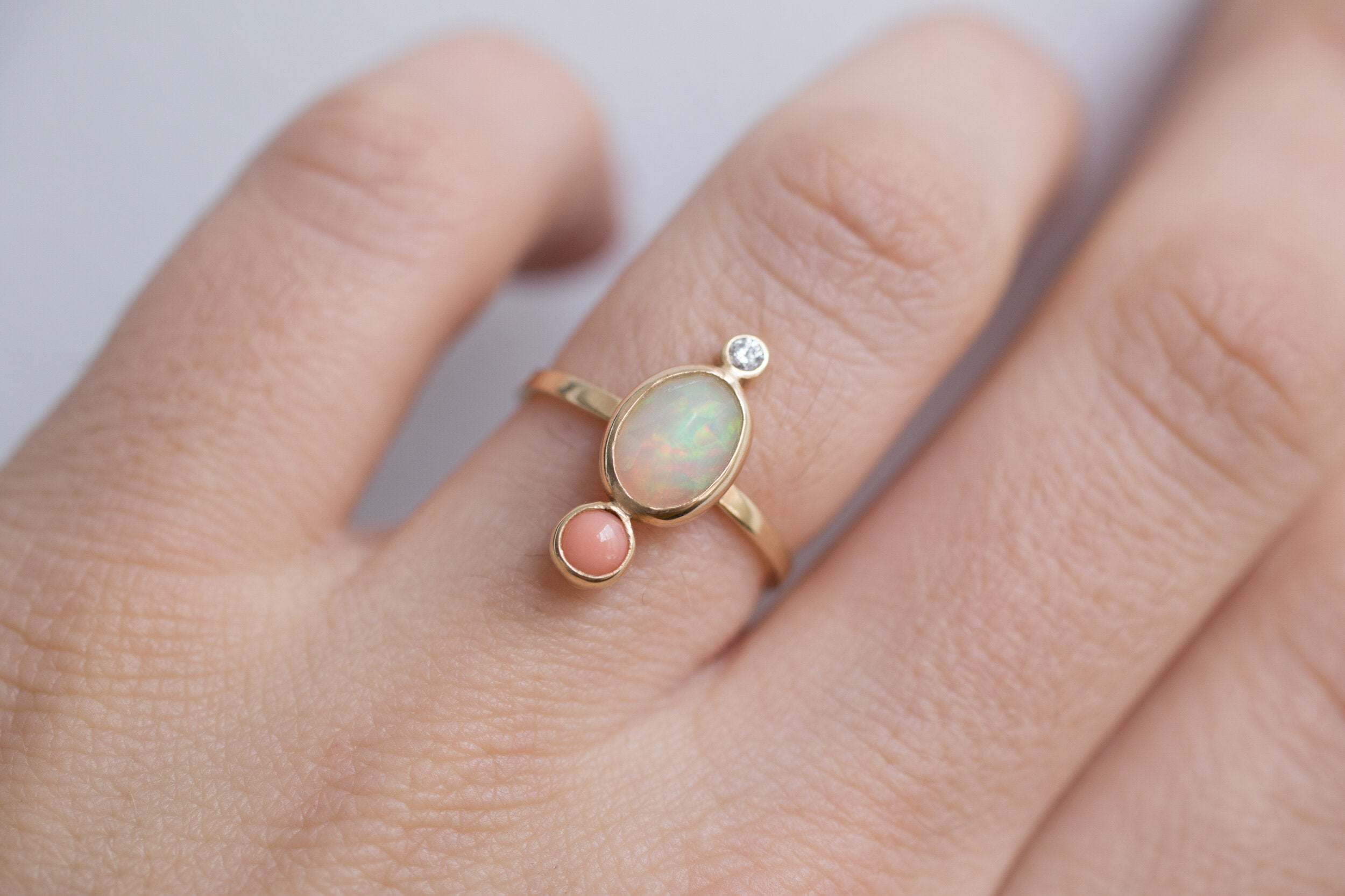 Opal + Coral + Diamond Ring | 14k Recycled Gold | One of a Kind
