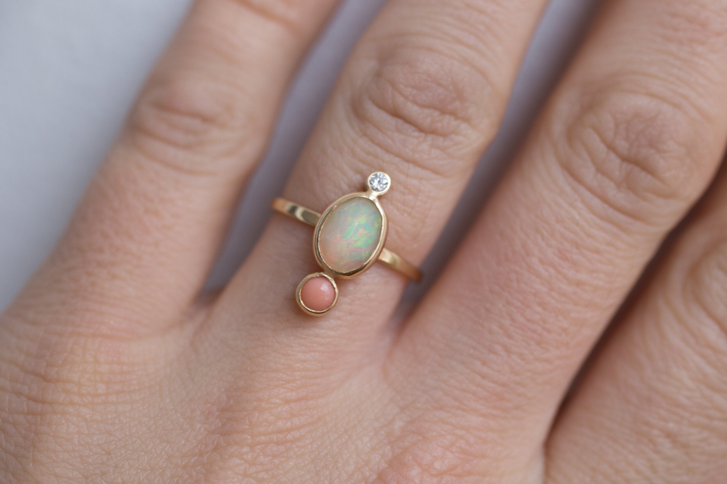 Opal + Coral + Diamond Ring | 14k Recycled Gold | One of a Kind