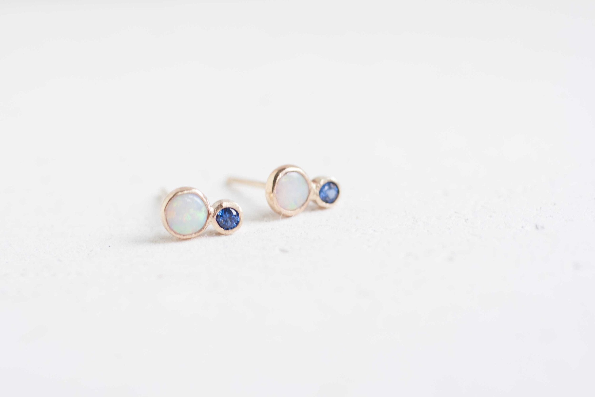 White Australian Opal + Sapphire Earrings | 14k Recycled Gold