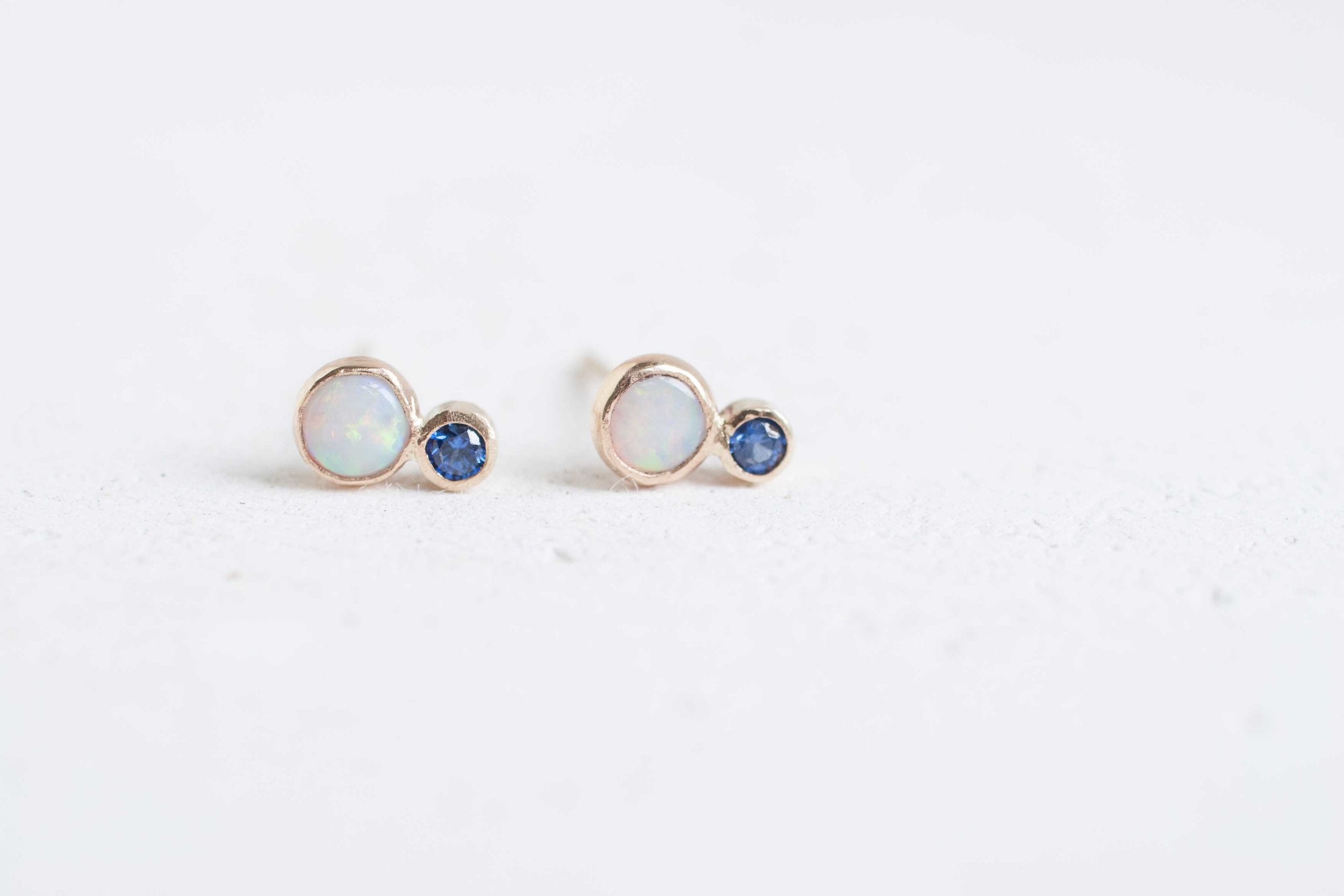 White Australian Opal + Sapphire Earrings | 14k Recycled Gold