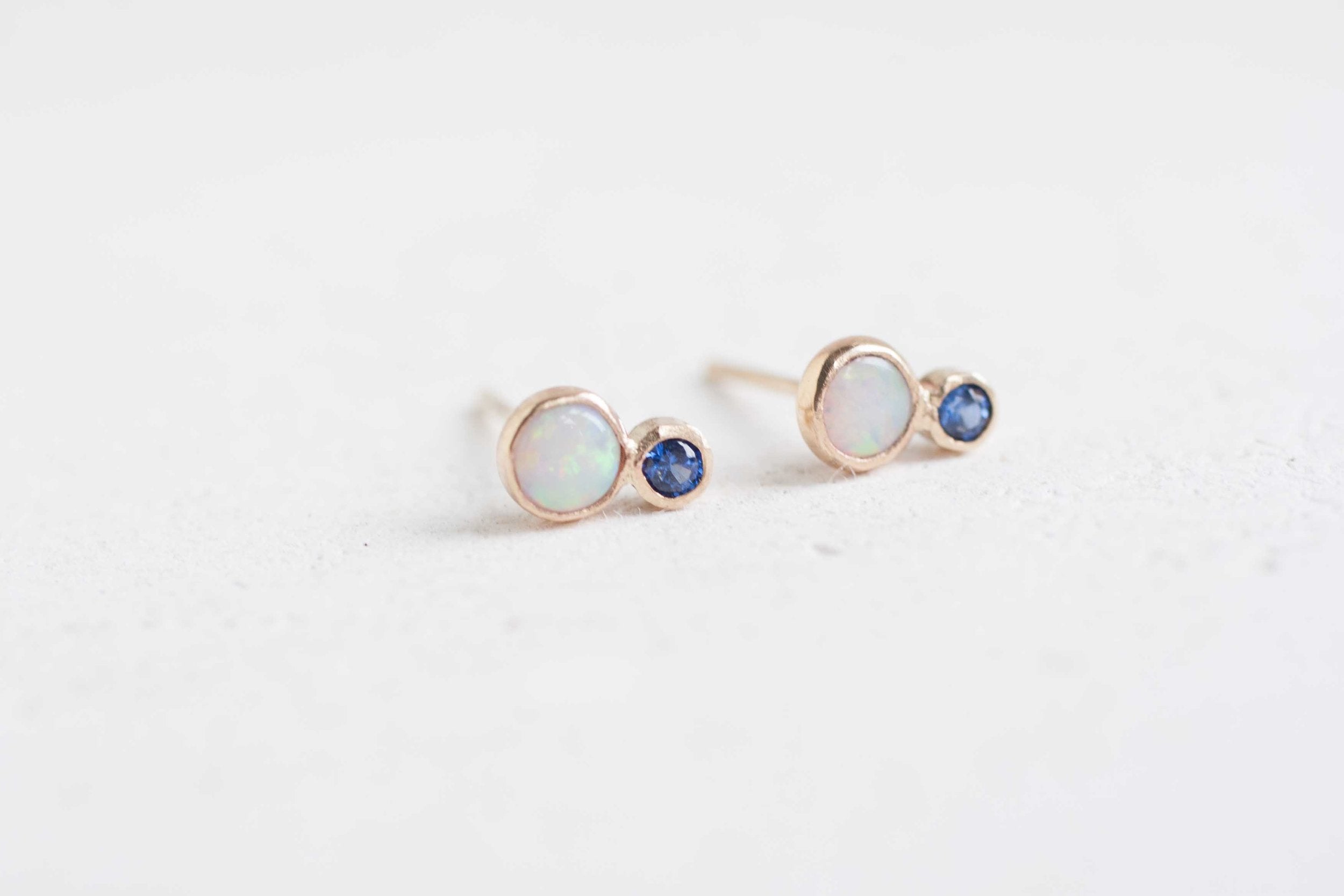 White Australian Opal + Sapphire Earrings | 14k Recycled Gold