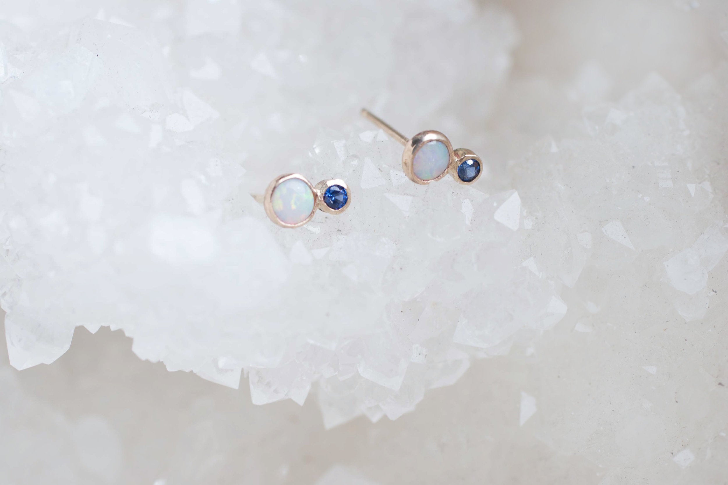 White Australian Opal + Sapphire Earrings | 14k Recycled Gold