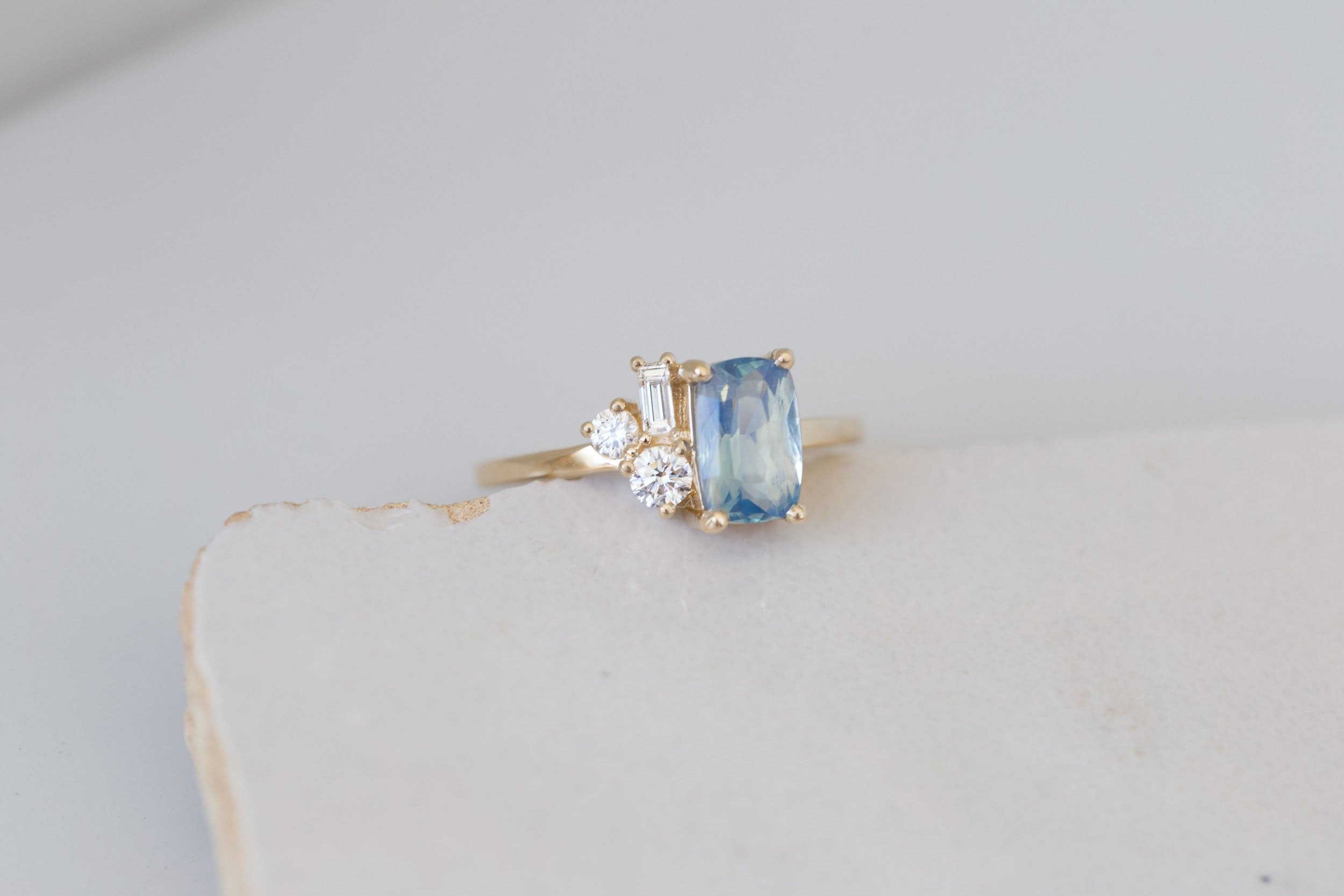 Emory Ring | Sapphire + Baguette and Round Diamond Cluster Engagement Ring 1.70 ct | 14k Recycled Gold | One of a Kind