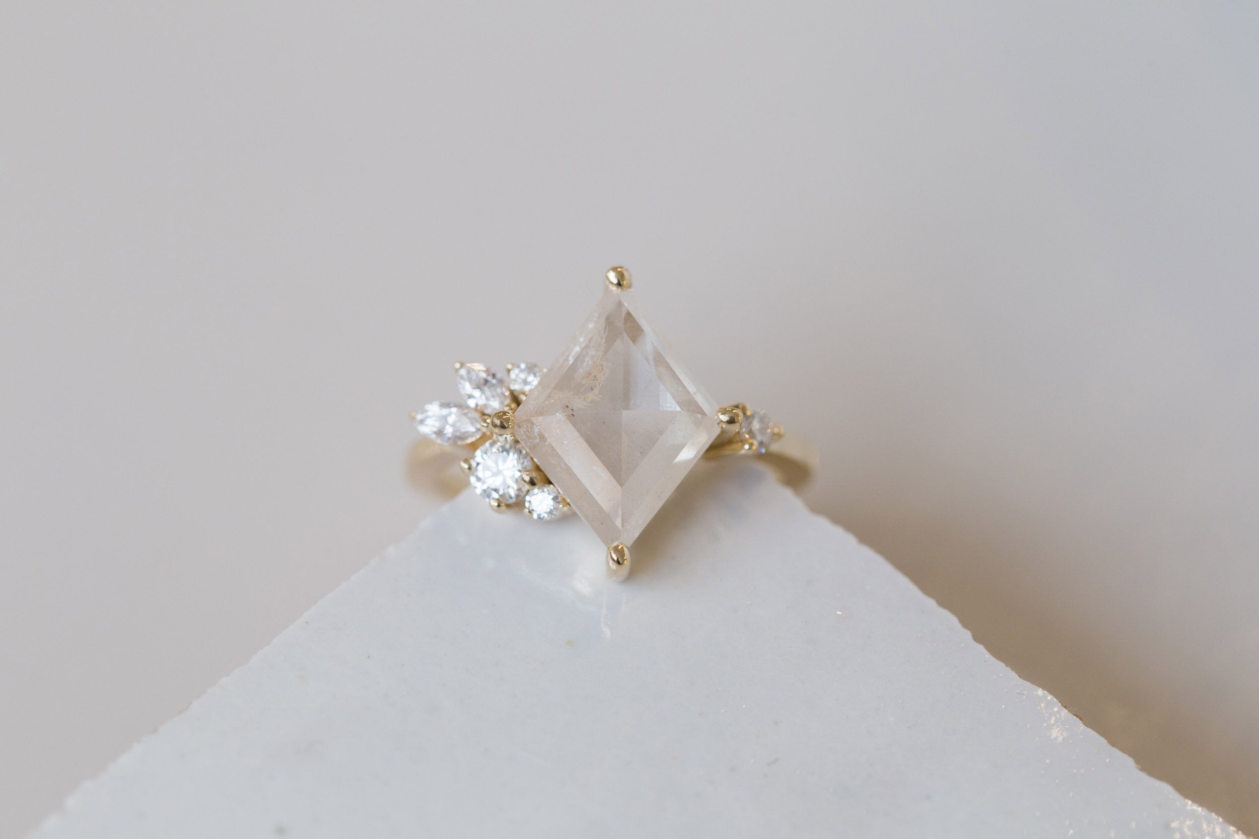 Alden Ring | Opalescent Diamond Rhombus + Diamond Cluster Engagement Ring | 14k Recycled Gold | One of a Kind