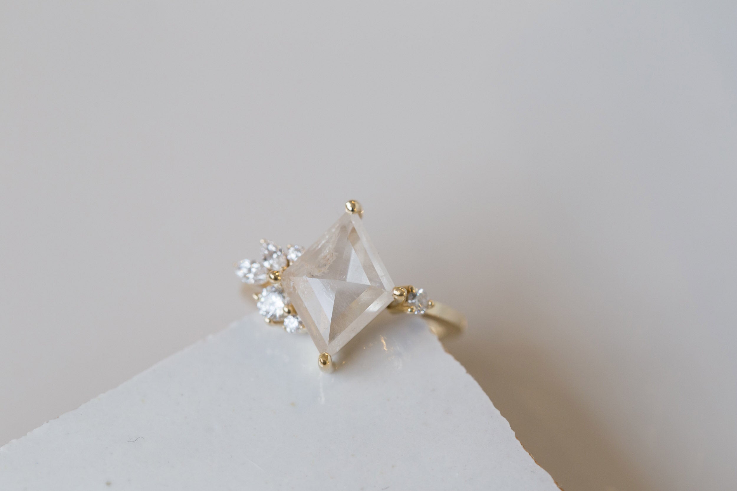 Alden Ring | Opalescent Diamond Rhombus + Diamond Cluster Engagement Ring | 14k Recycled Gold | One of a Kind