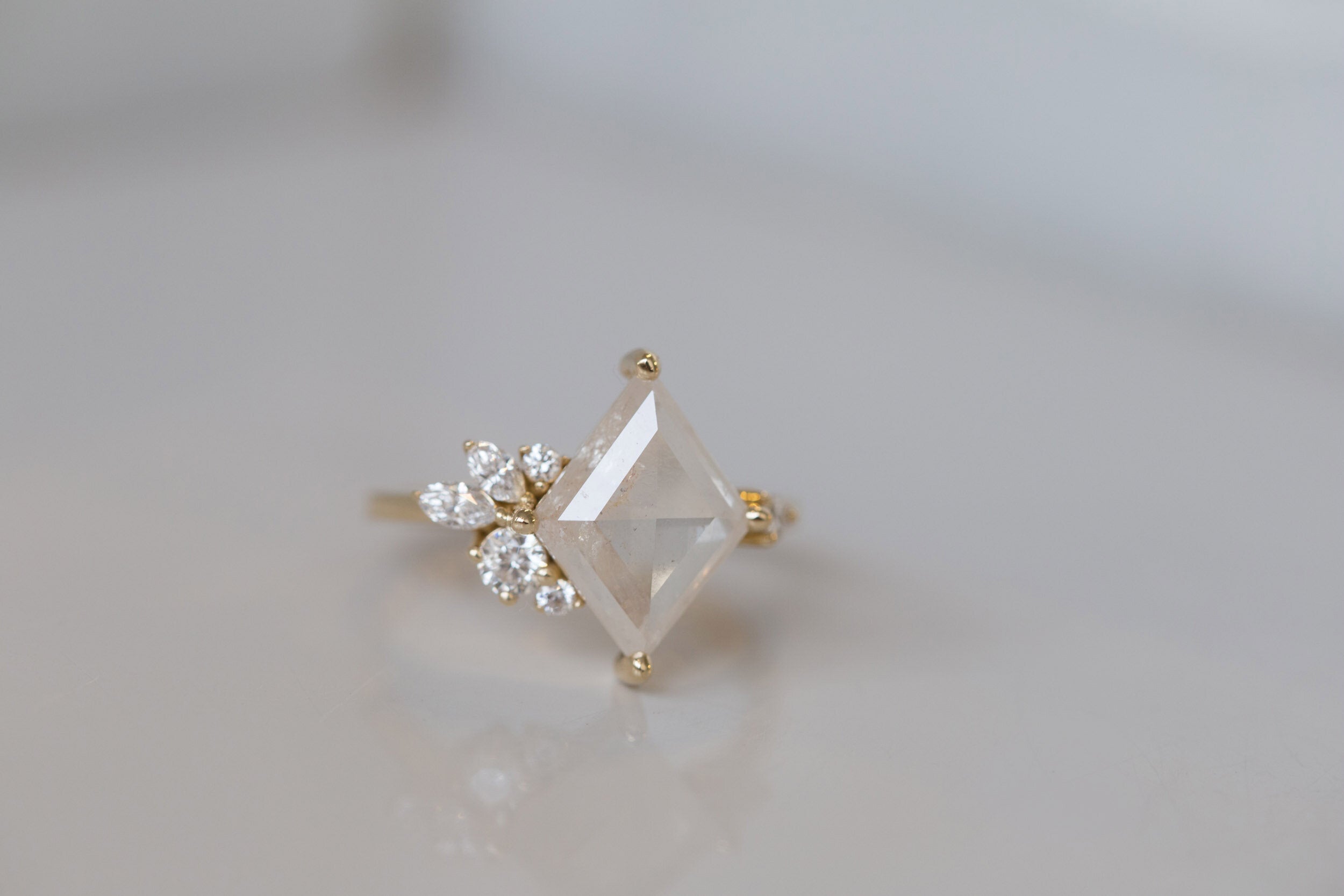 Alden Ring | Opalescent Diamond Rhombus + Diamond Cluster Engagement Ring | 14k Recycled Gold | One of a Kind