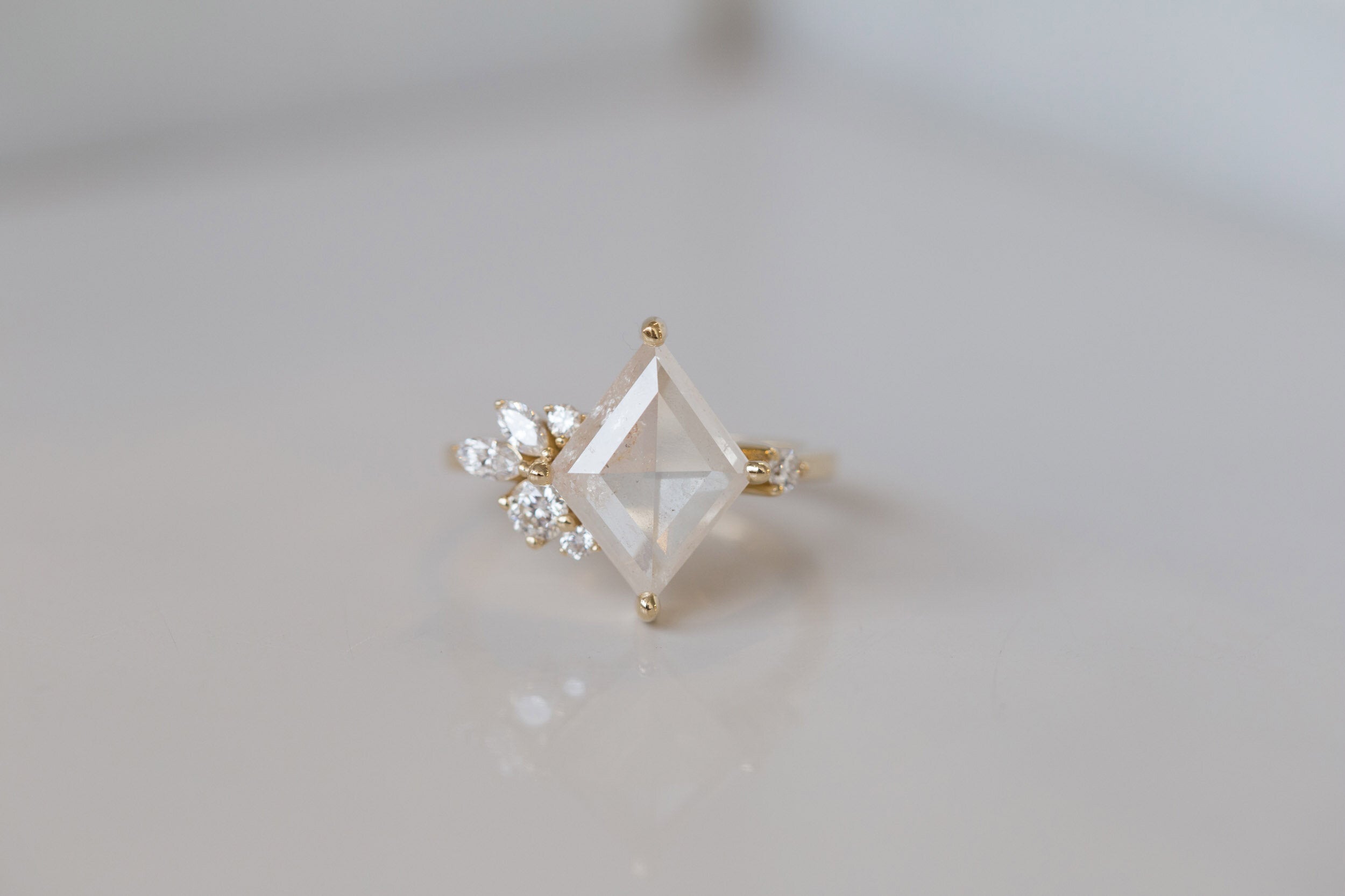 Alden Ring | Opalescent Diamond Rhombus + Diamond Cluster Engagement Ring | 14k Recycled Gold | One of a Kind
