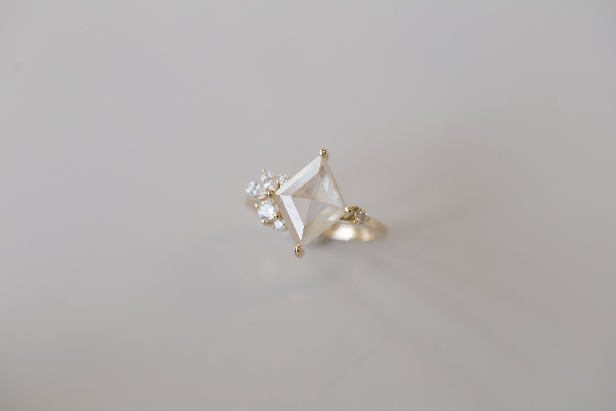 Alden Ring | Opalescent Diamond Rhombus + Diamond Cluster Engagement Ring | 14k Recycled Gold | One of a Kind