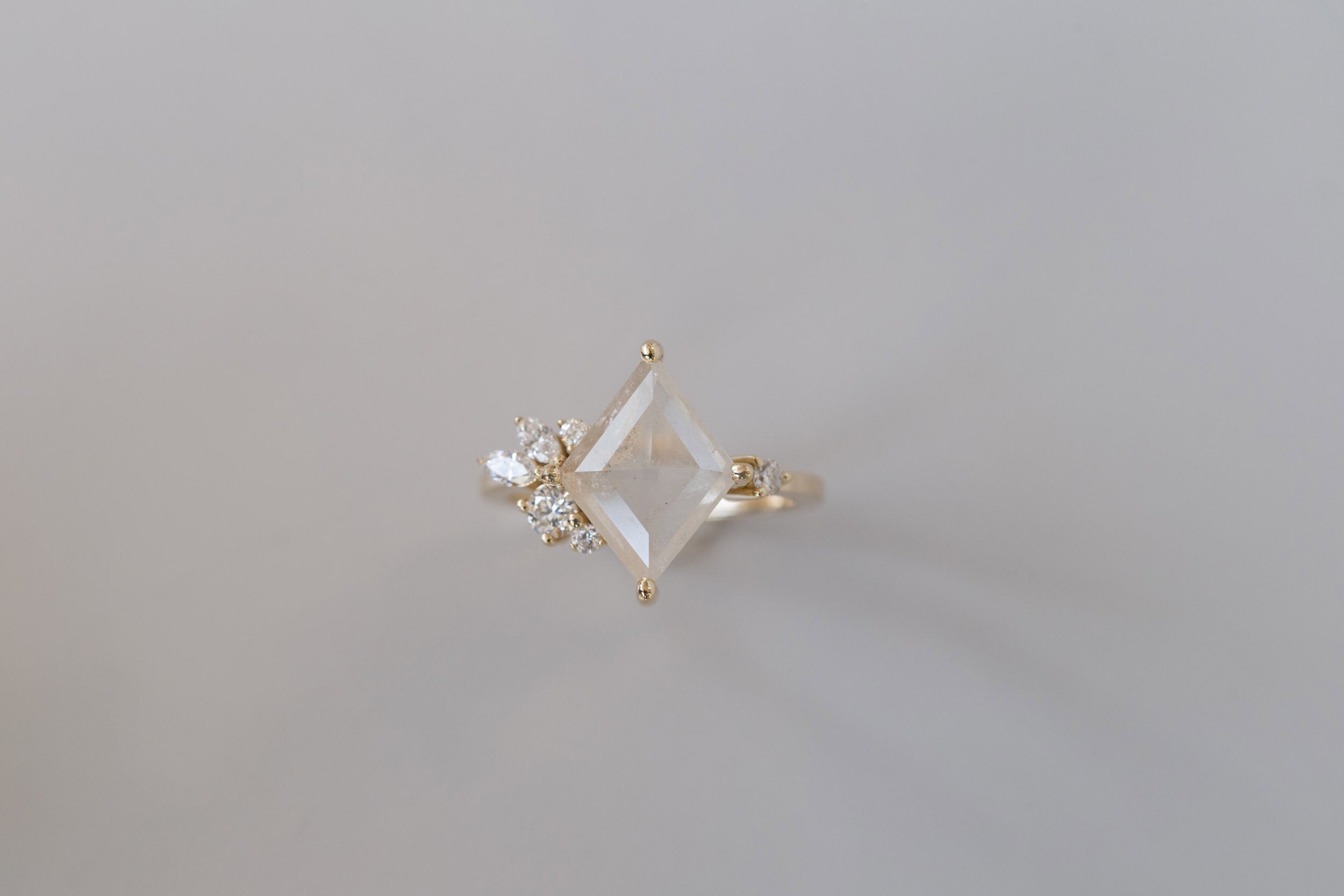 Alden Ring | Opalescent Diamond Rhombus + Diamond Cluster Engagement Ring | 14k Recycled Gold | One of a Kind