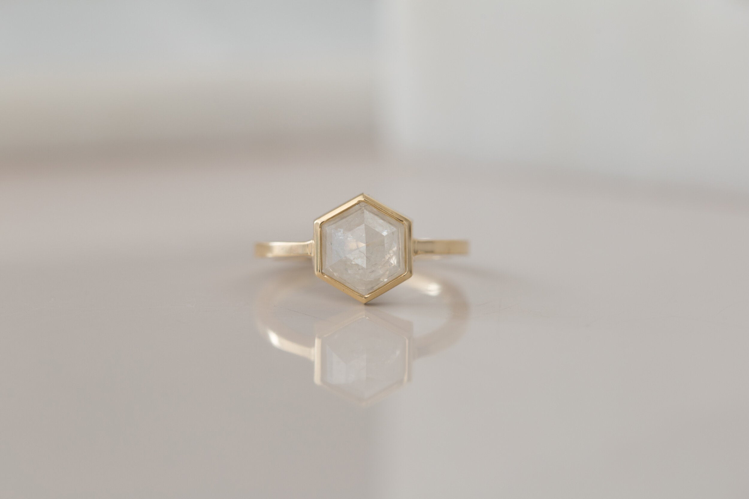 Avens Ring | Opaque Silvery White Rustic Diamond Hexagon Solitaire | 14k Recycled Gold | One of a Kind