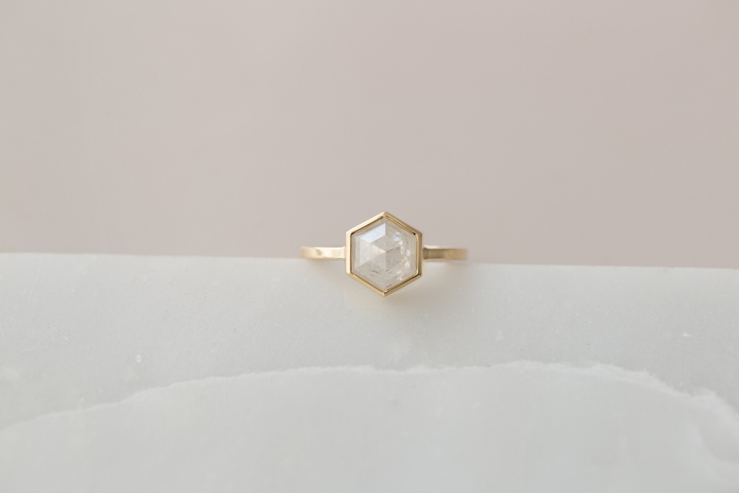 Avens Ring | Opaque Silvery White Rustic Diamond Hexagon Solitaire | 14k Recycled Gold | One of a Kind
