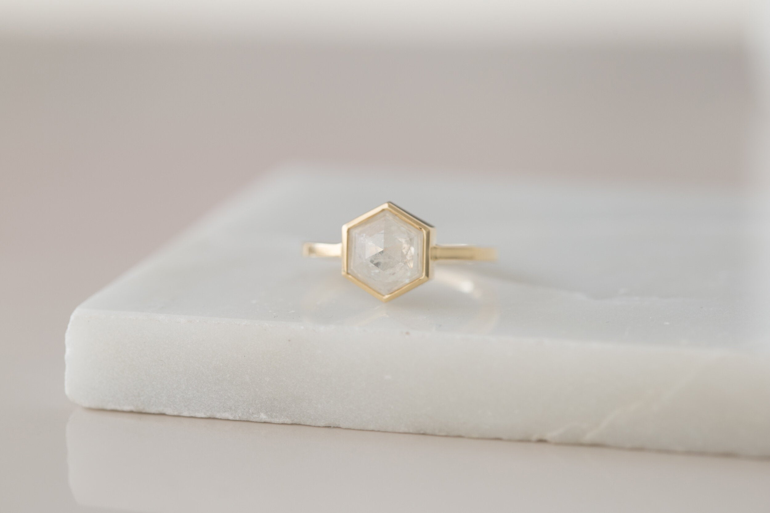 Avens Ring | Opaque Silvery White Rustic Diamond Hexagon Solitaire | 14k Recycled Gold | One of a Kind