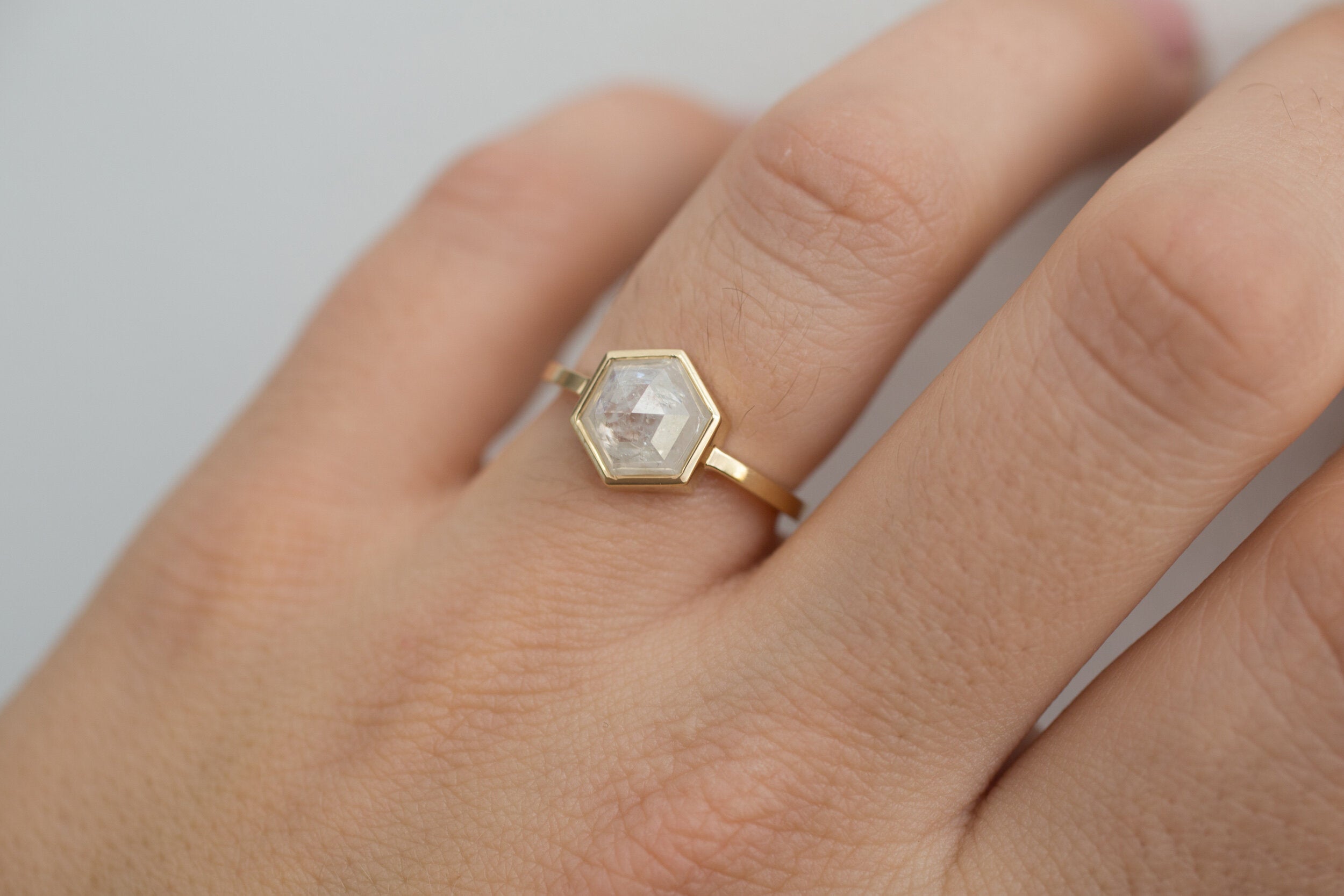 Avens Ring | Opaque Silvery White Rustic Diamond Hexagon Solitaire | 14k Recycled Gold | One of a Kind