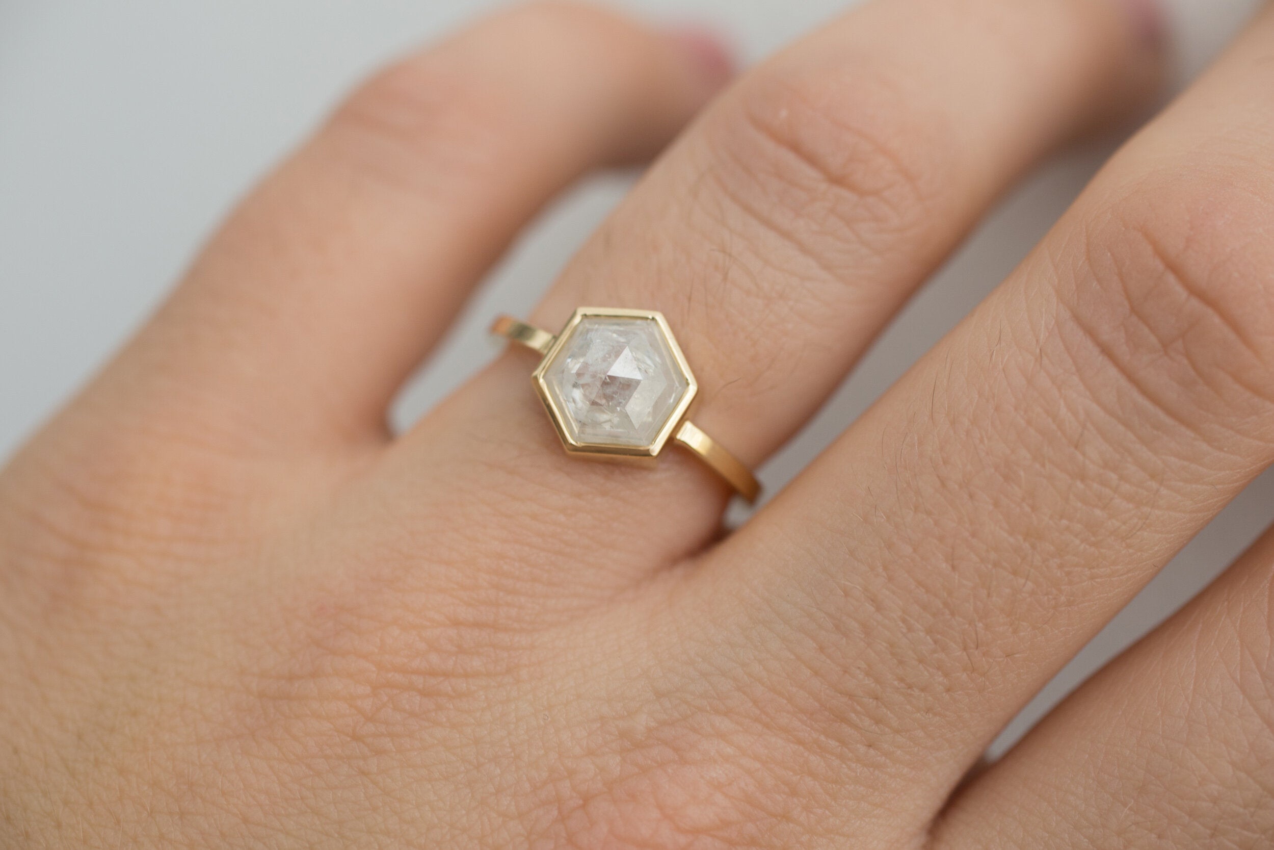 Avens Ring | Opaque Silvery White Rustic Diamond Hexagon Solitaire | 14k Recycled Gold | One of a Kind