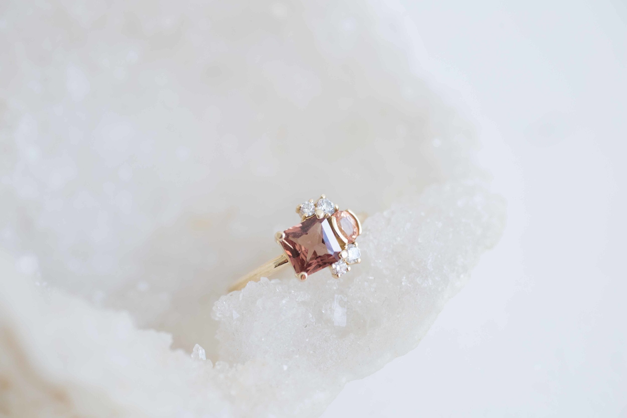 Burnt Sienna Square Cut Ceylon Sapphire, Peach Sapphire + Diamond Cluster Engagement Ring | 14k Recycled Gold | One of a Kind