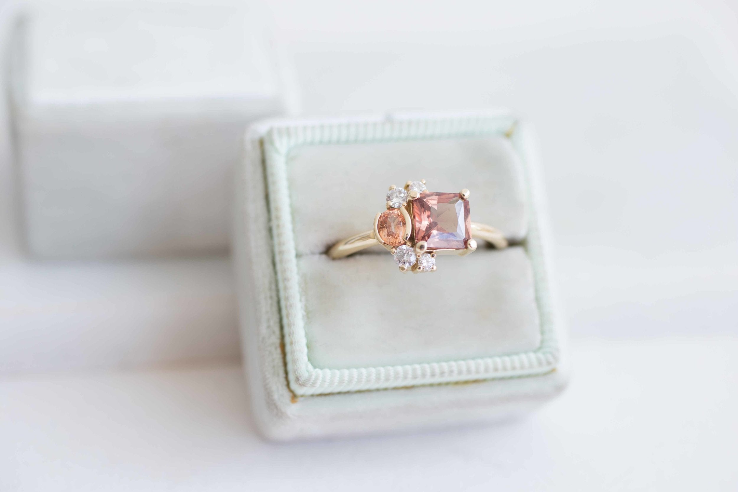 Burnt Sienna Square Cut Ceylon Sapphire, Peach Sapphire + Diamond Cluster Engagement Ring | 14k Recycled Gold | One of a Kind