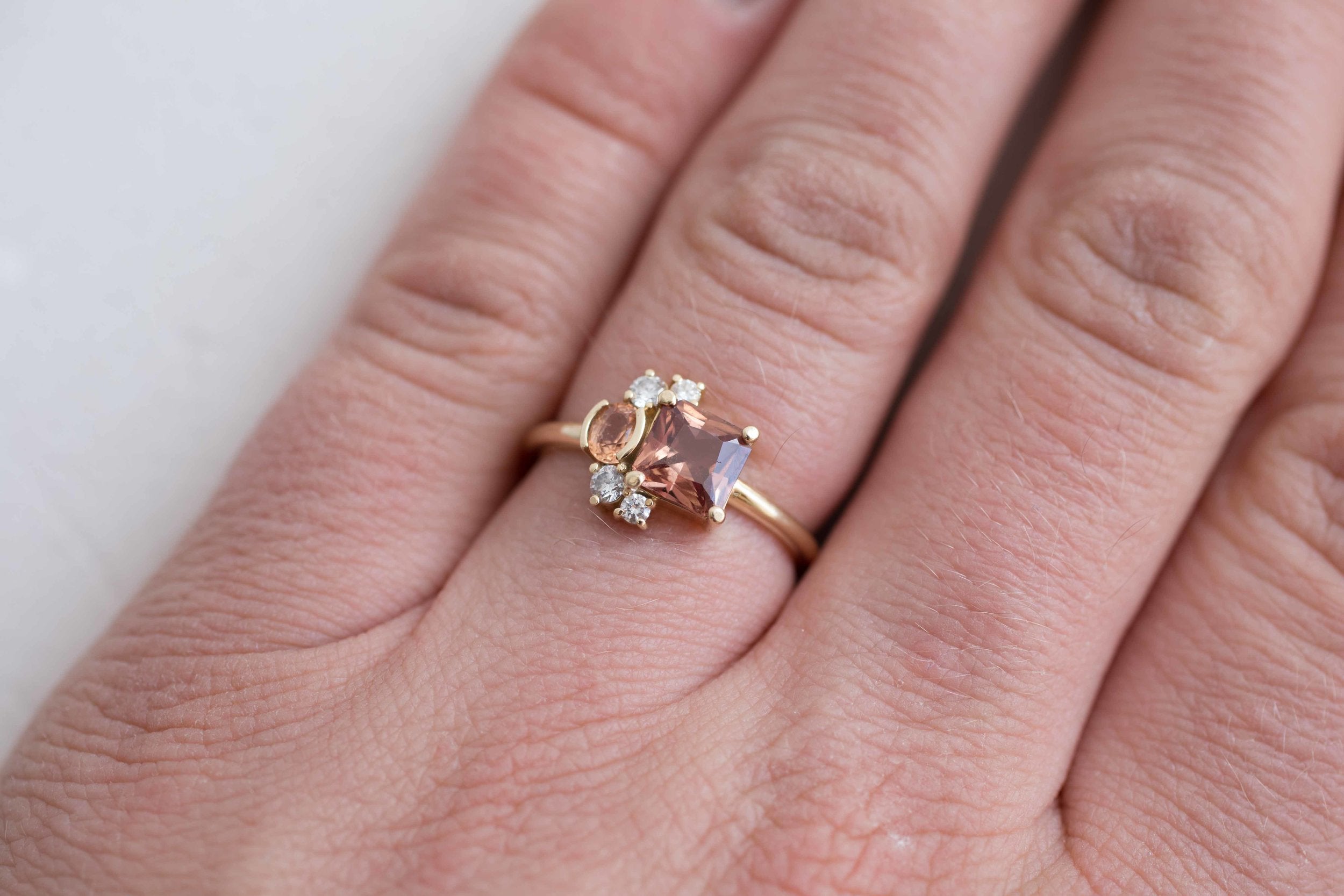 Burnt Sienna Square Cut Ceylon Sapphire, Peach Sapphire + Diamond Cluster Engagement Ring | 14k Recycled Gold | One of a Kind