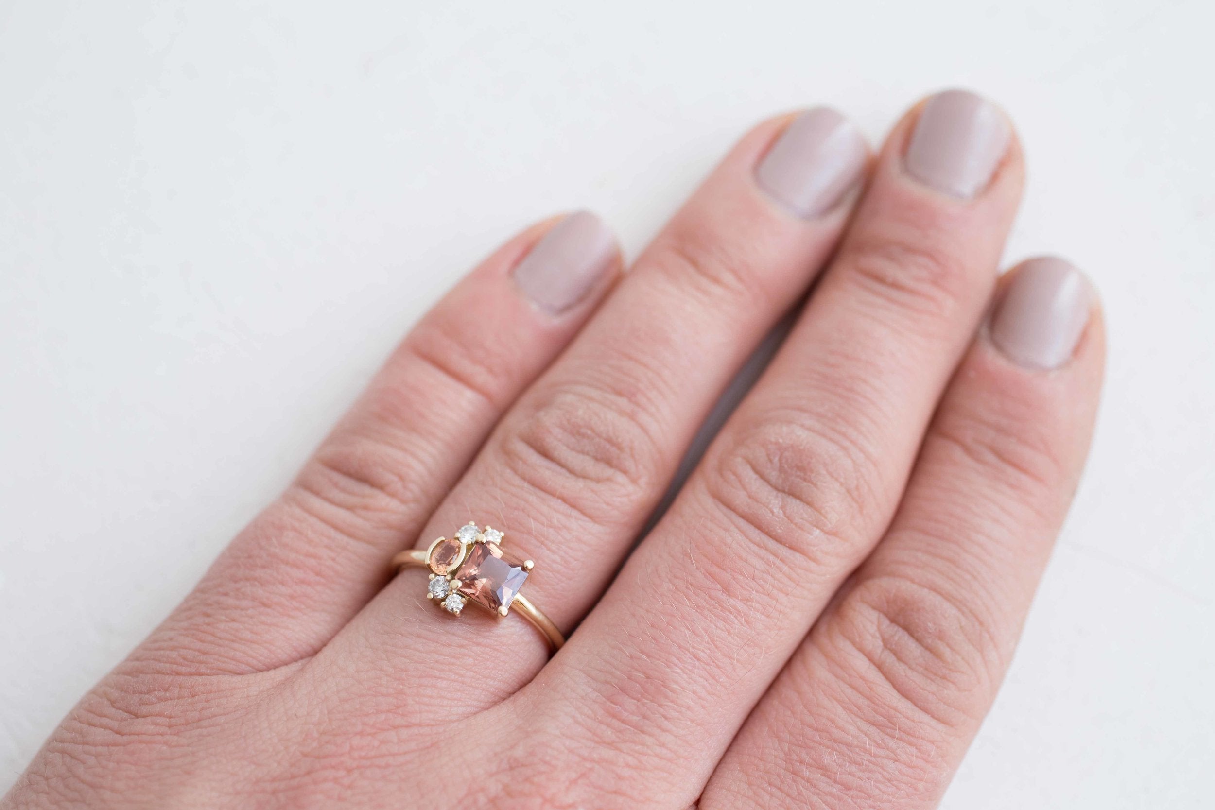 Burnt Sienna Square Cut Ceylon Sapphire, Peach Sapphire + Diamond Cluster Engagement Ring | 14k Recycled Gold | One of a Kind