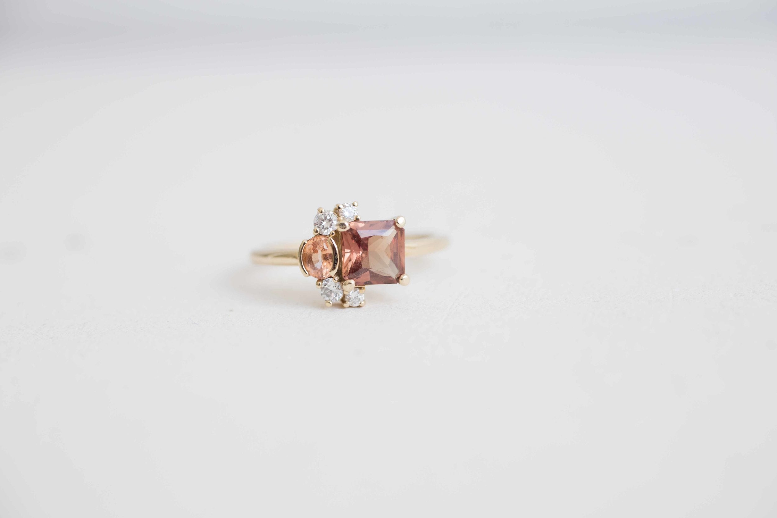 Burnt Sienna Square Cut Ceylon Sapphire, Peach Sapphire + Diamond Cluster Engagement Ring | 14k Recycled Gold | One of a Kind