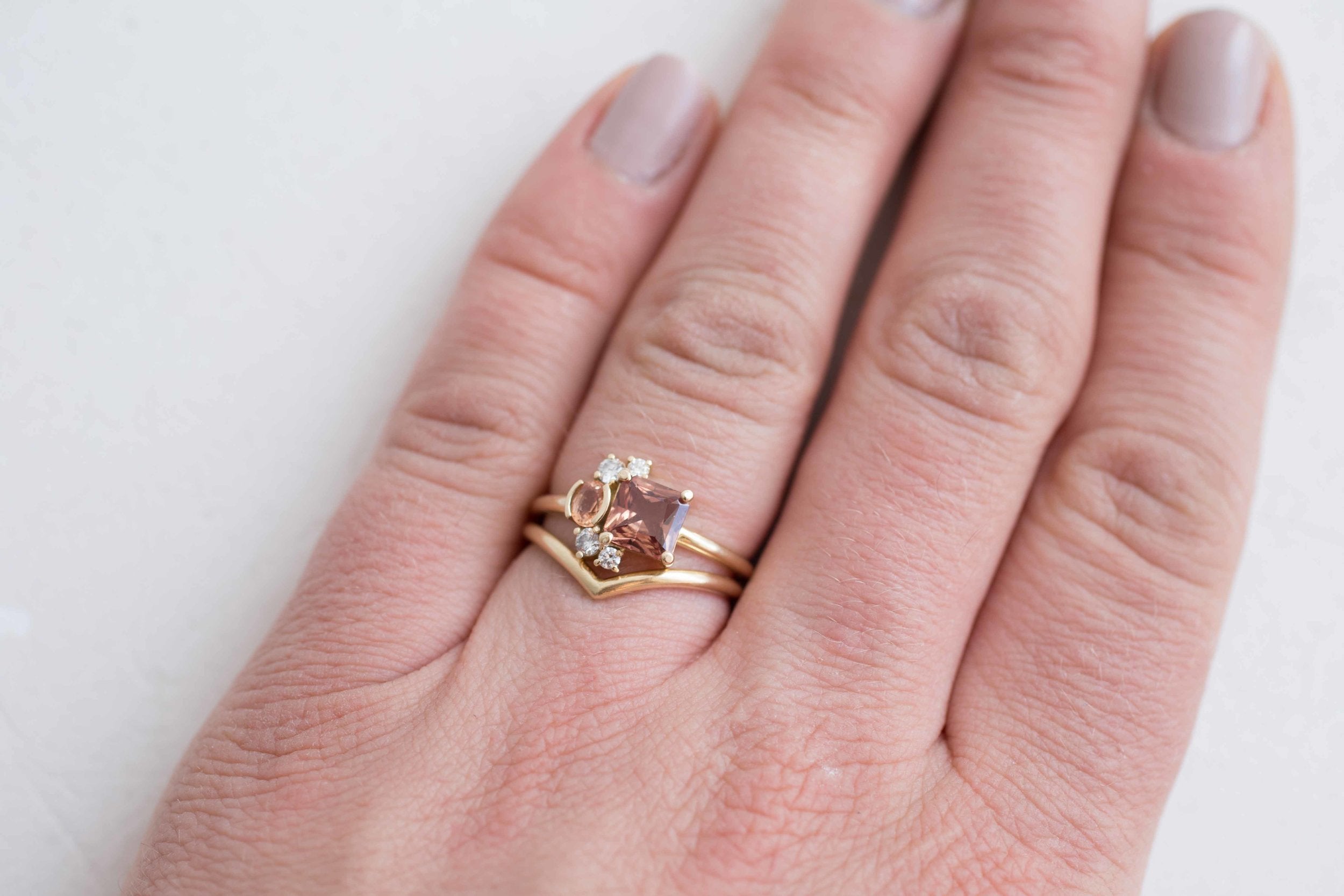 Burnt Sienna Square Cut Ceylon Sapphire, Peach Sapphire + Diamond Cluster Engagement Ring | 14k Recycled Gold | One of a Kind