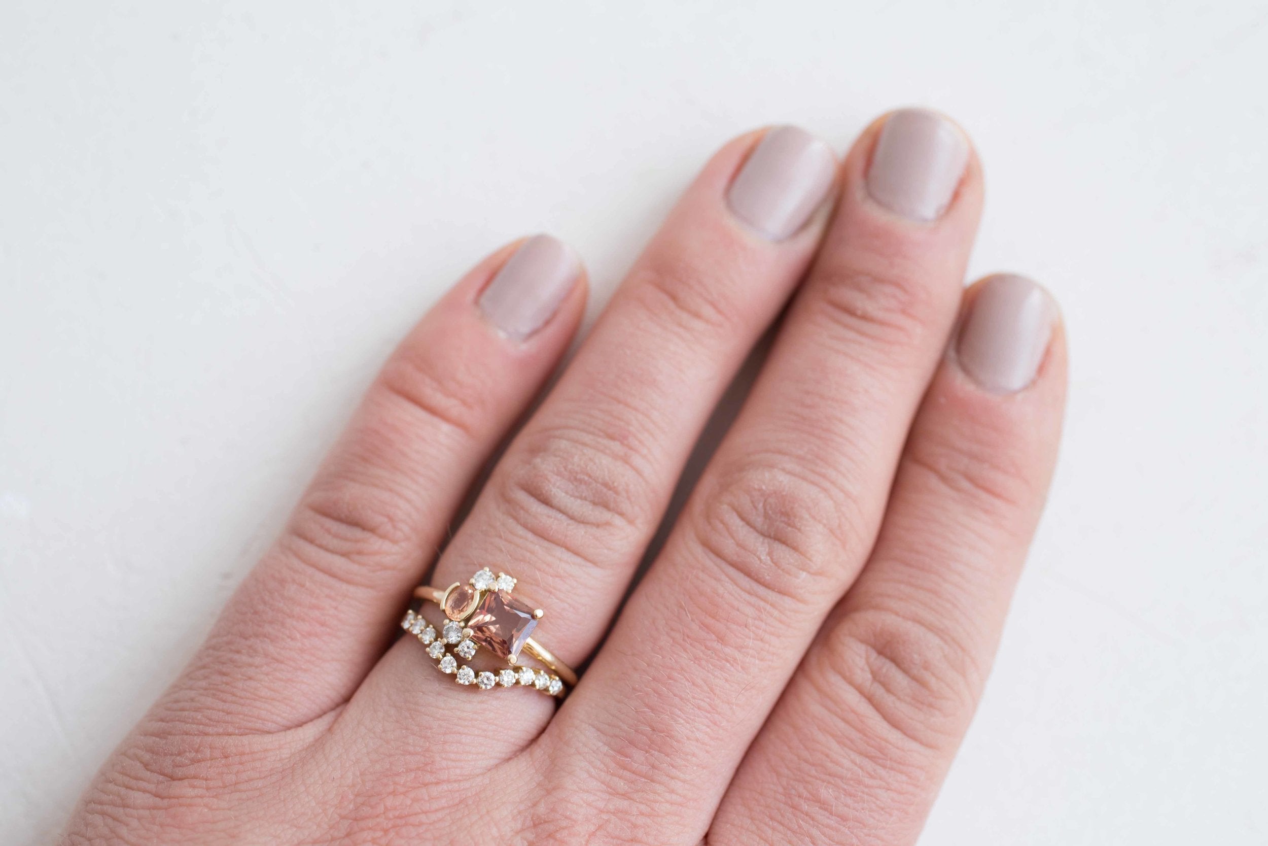 Burnt Sienna Square Cut Ceylon Sapphire, Peach Sapphire + Diamond Cluster Engagement Ring | 14k Recycled Gold | One of a Kind